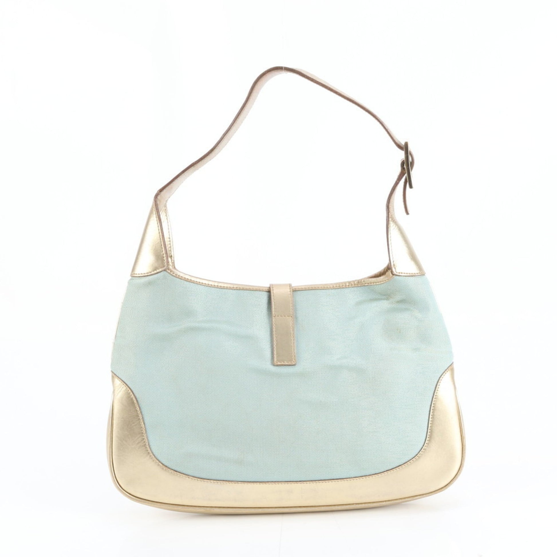 Gucci Blue Gold Leather Canvas Shoulder Bag