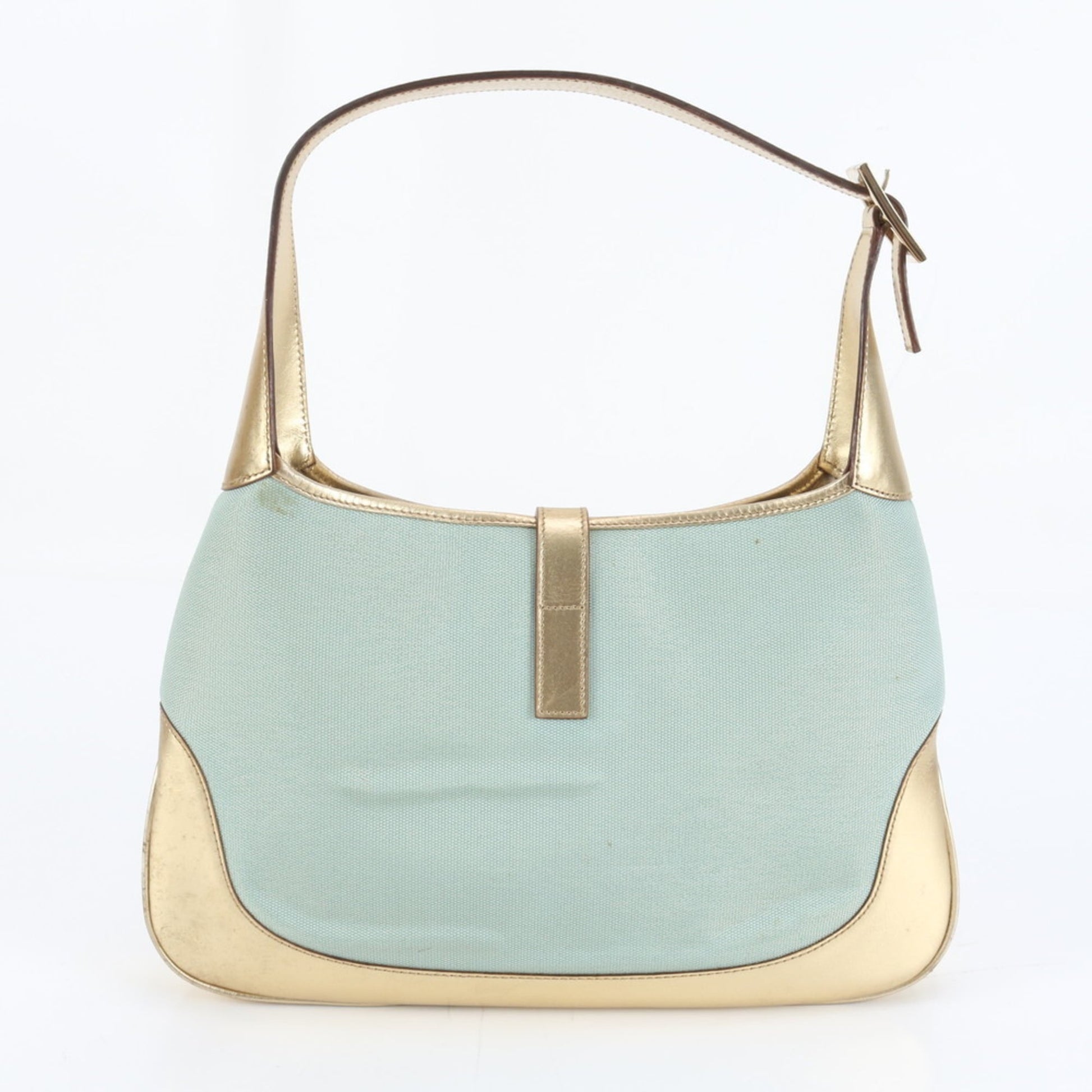 Gucci Blue Gold Leather Canvas Shoulder Bag