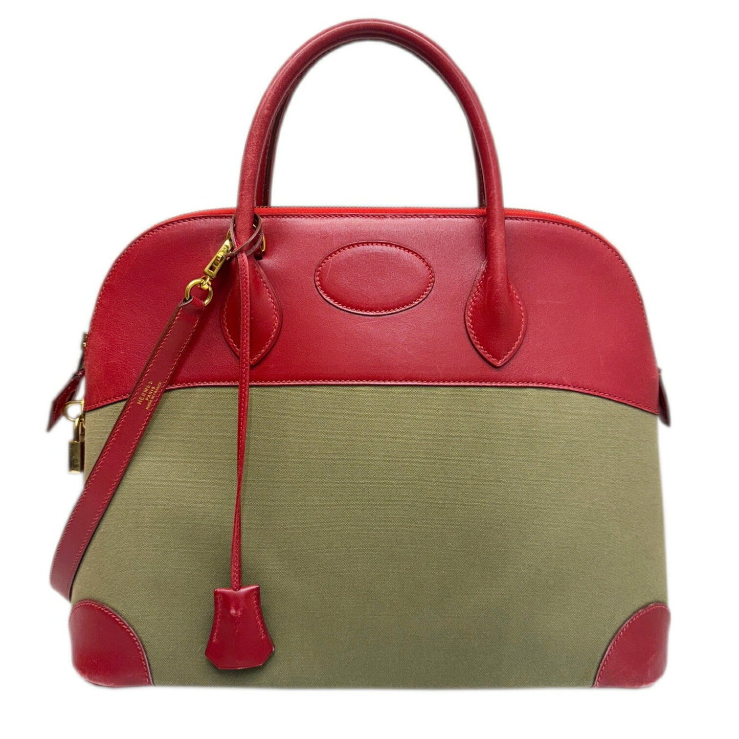 Hermes Khaki Rouge Garance Toile Officier Box Calf Handbag Leather Calf Leather Shoulder Bag