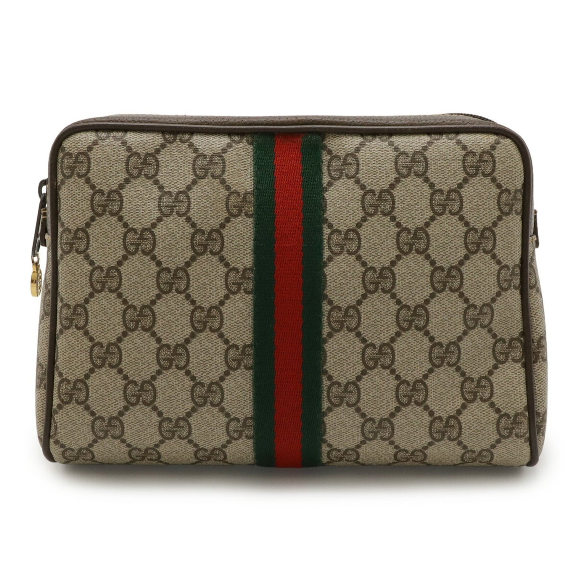 Gucci Beige Brown Green Red Color Coated Canvas Leather Clutch Bag