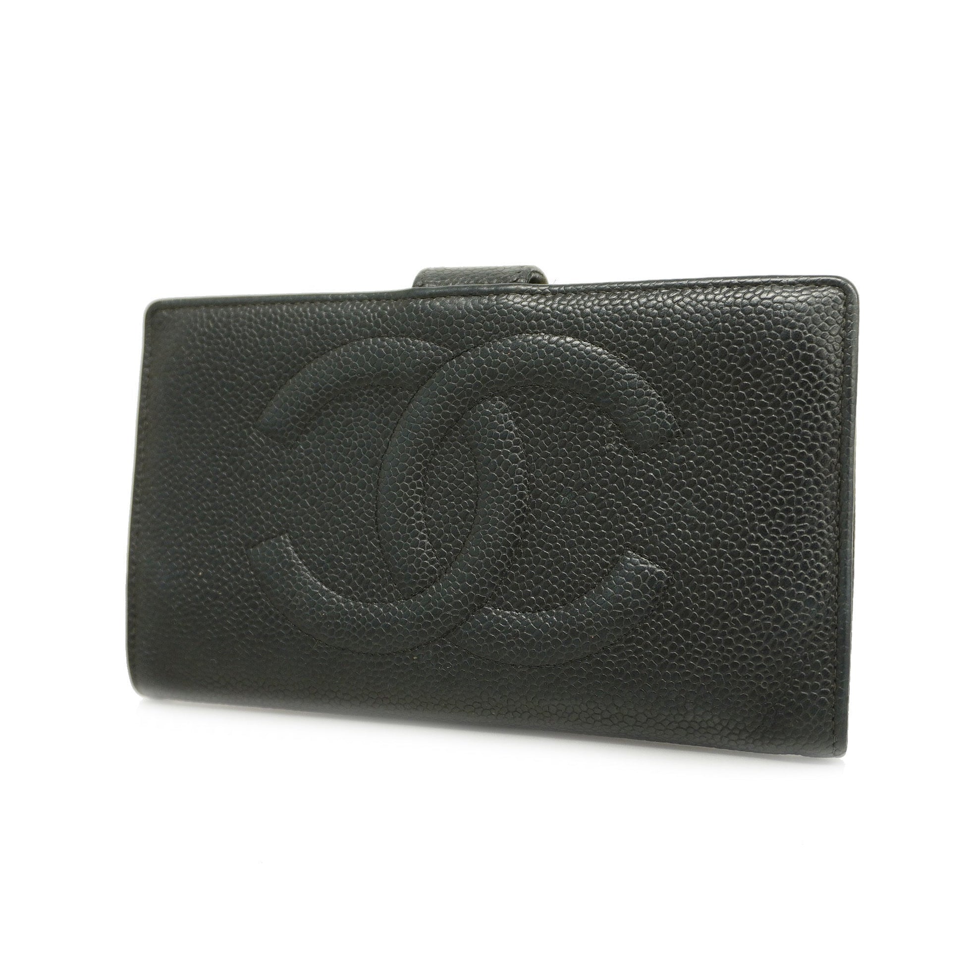 Chanel[3cc2399] Auth  long wallet caviar skin black gold metal