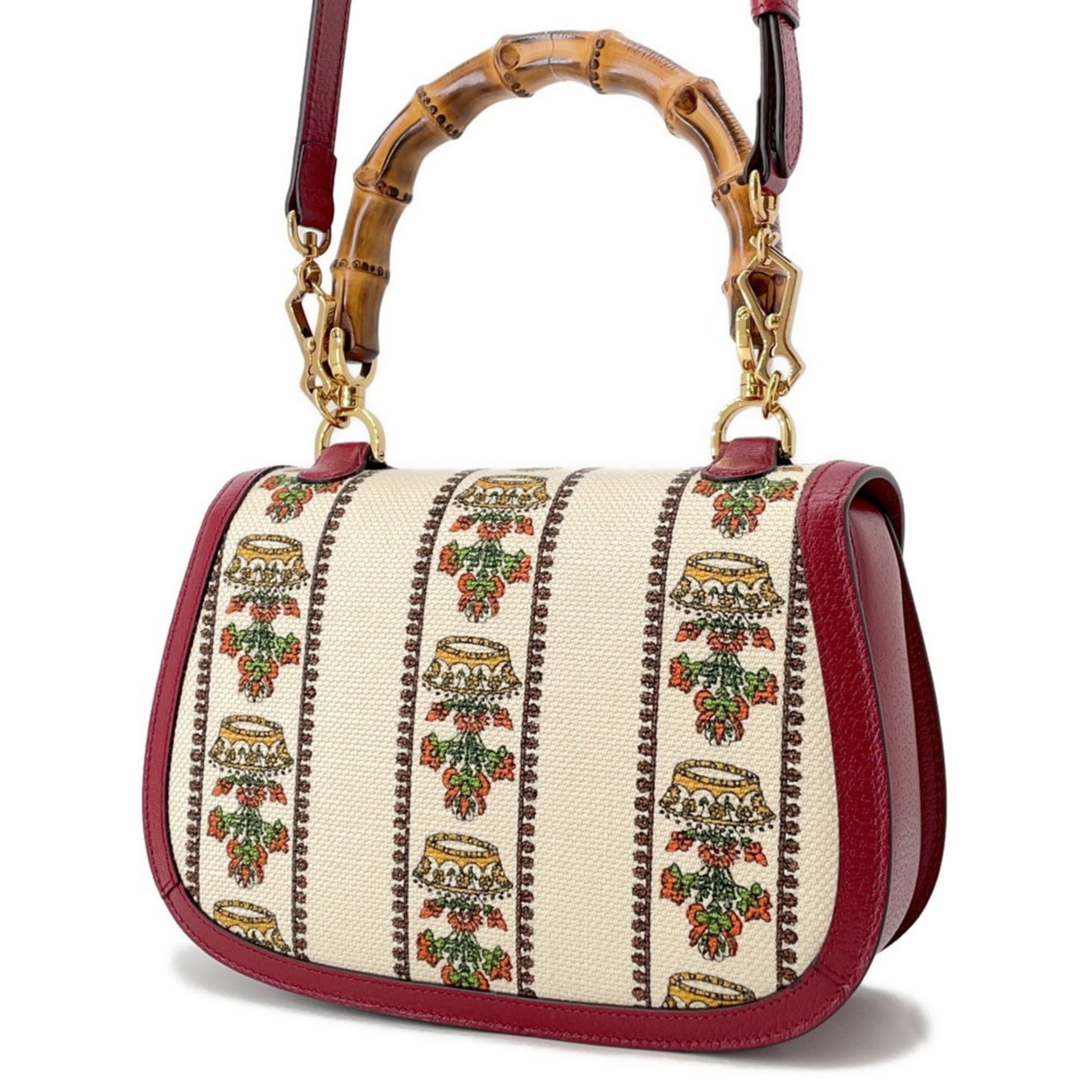 Gucci Ivory Red Color Leather Canvas Handbag