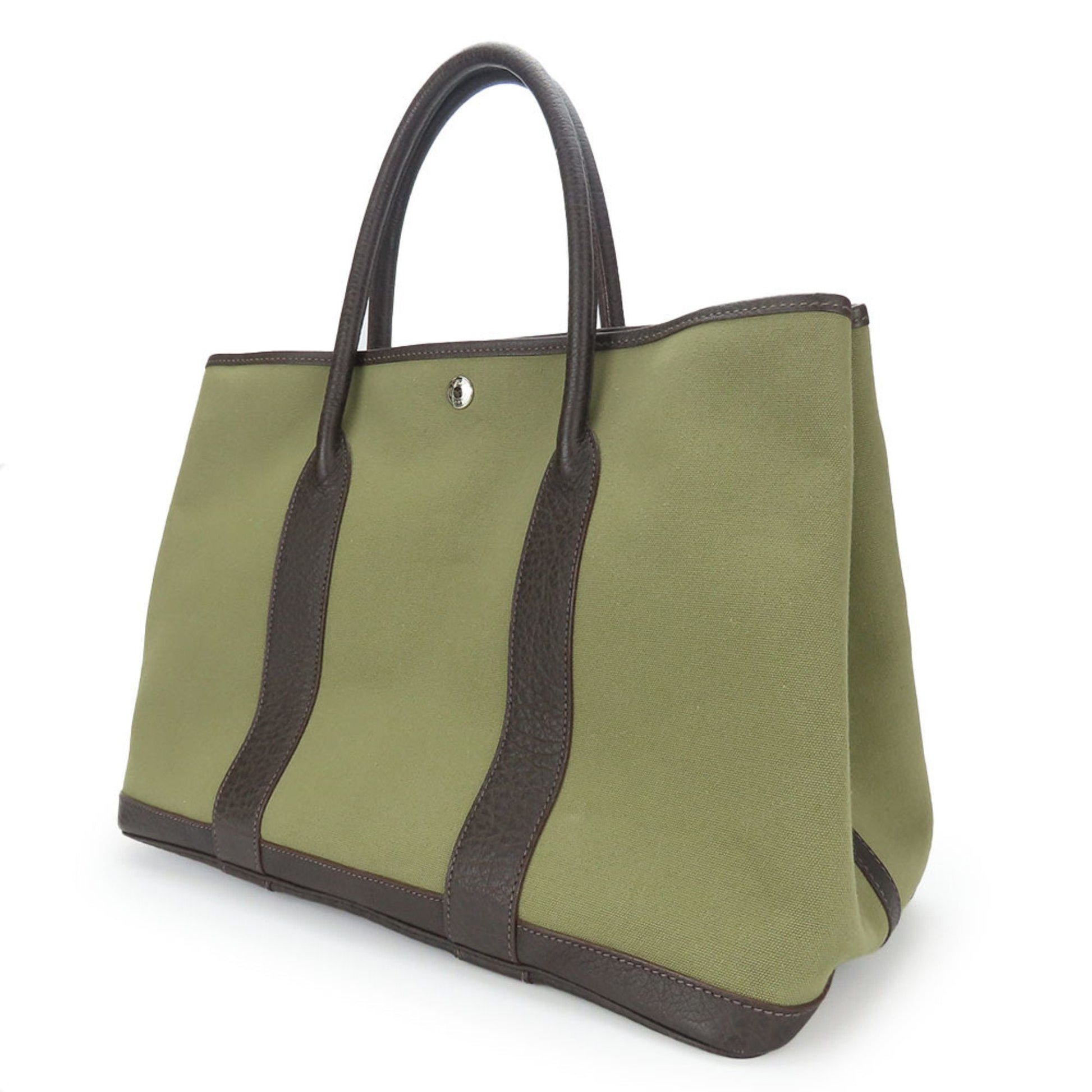 Hermes Khaki Tote Bag Leather Canvas Brown