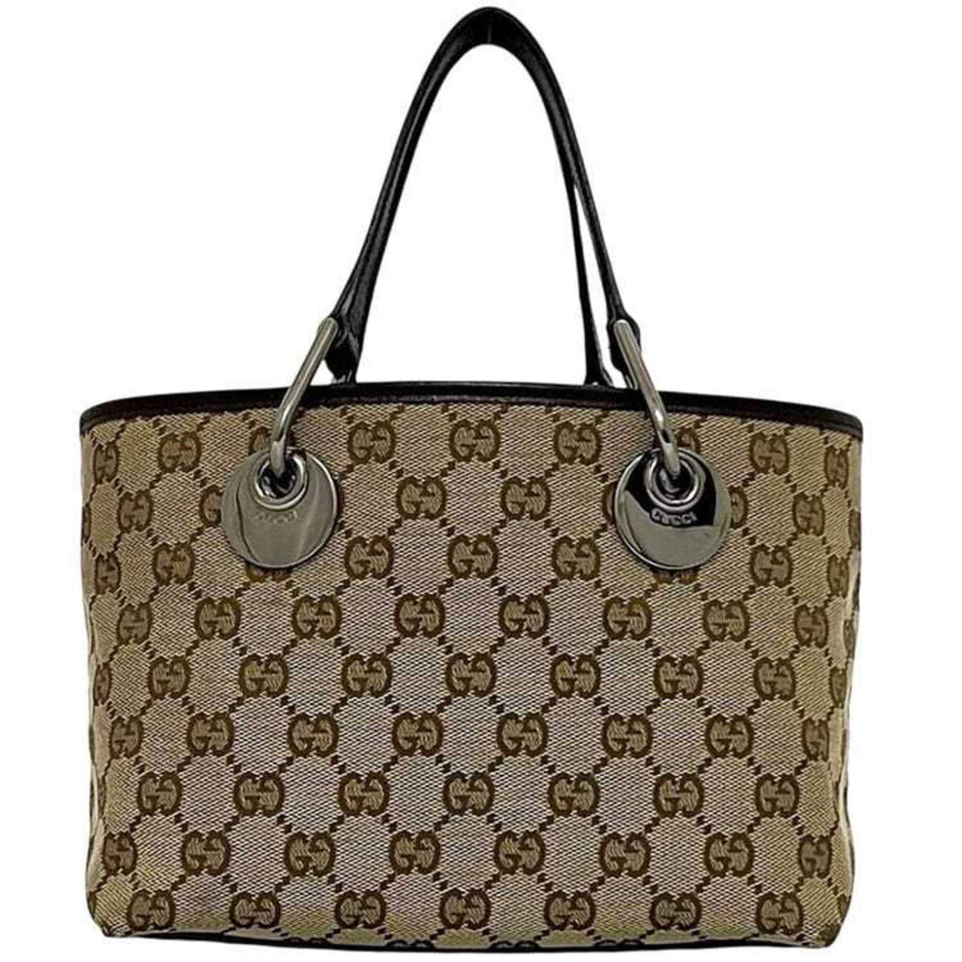 Gucci Beige Brown Canvas Leather Handbag Tote Bag