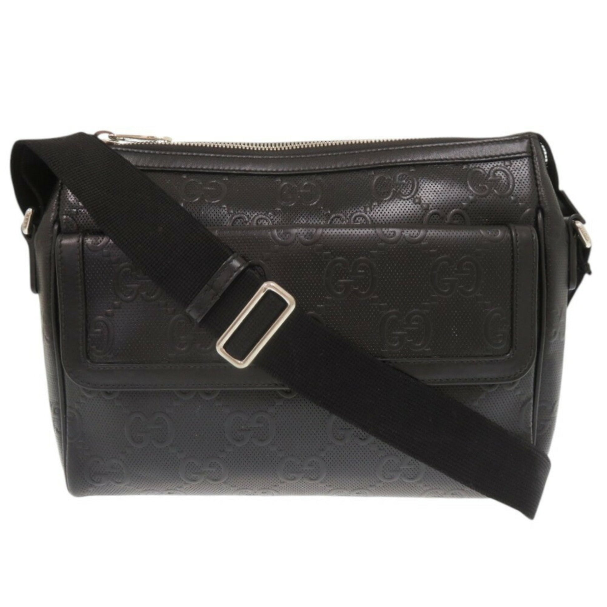 Gucci Black Gg Leather Embossed Leather Messenger Bag Shoulder Bag