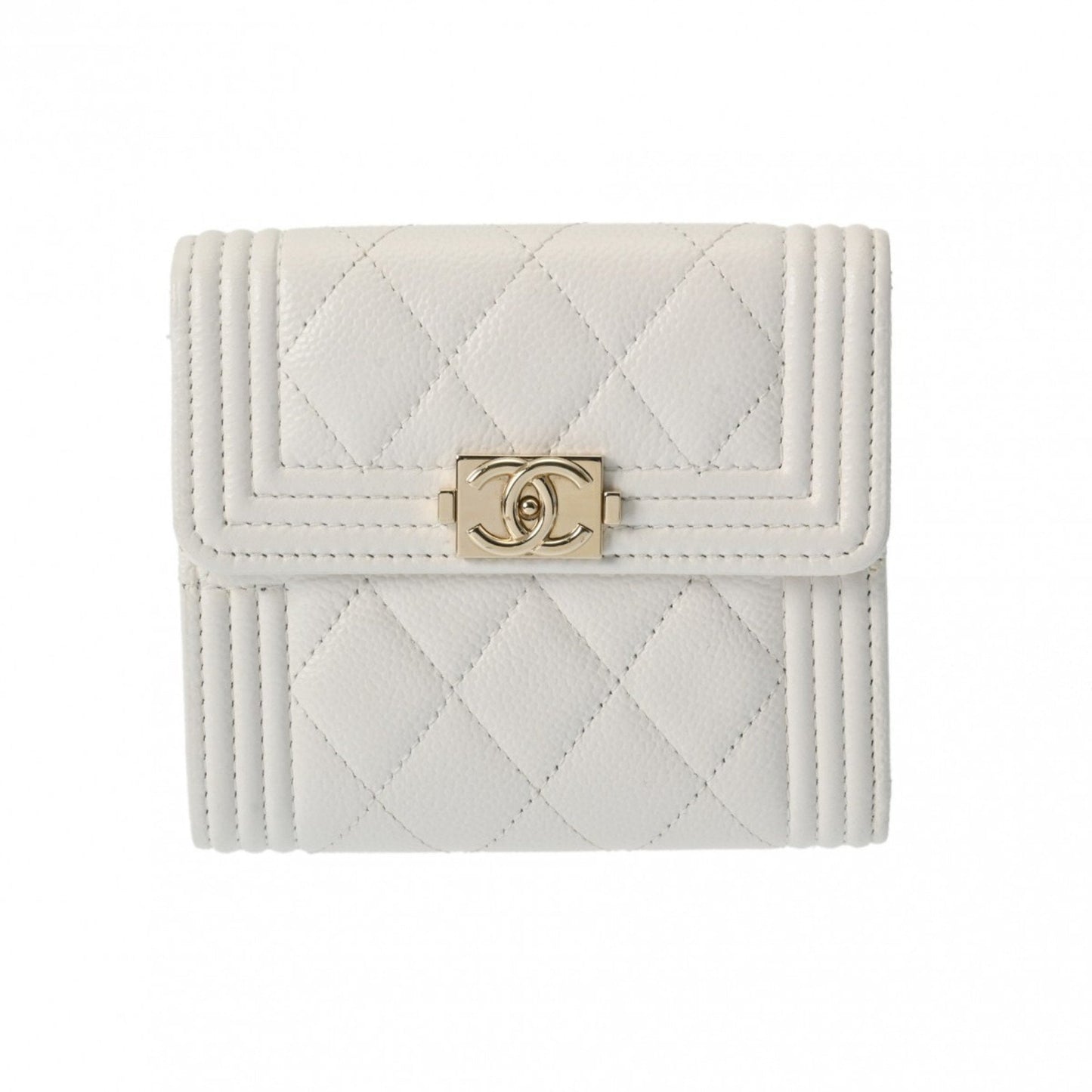 CHANEL Boy Chanel Compact Wallet White Women's Caviar Skin Tri-fold