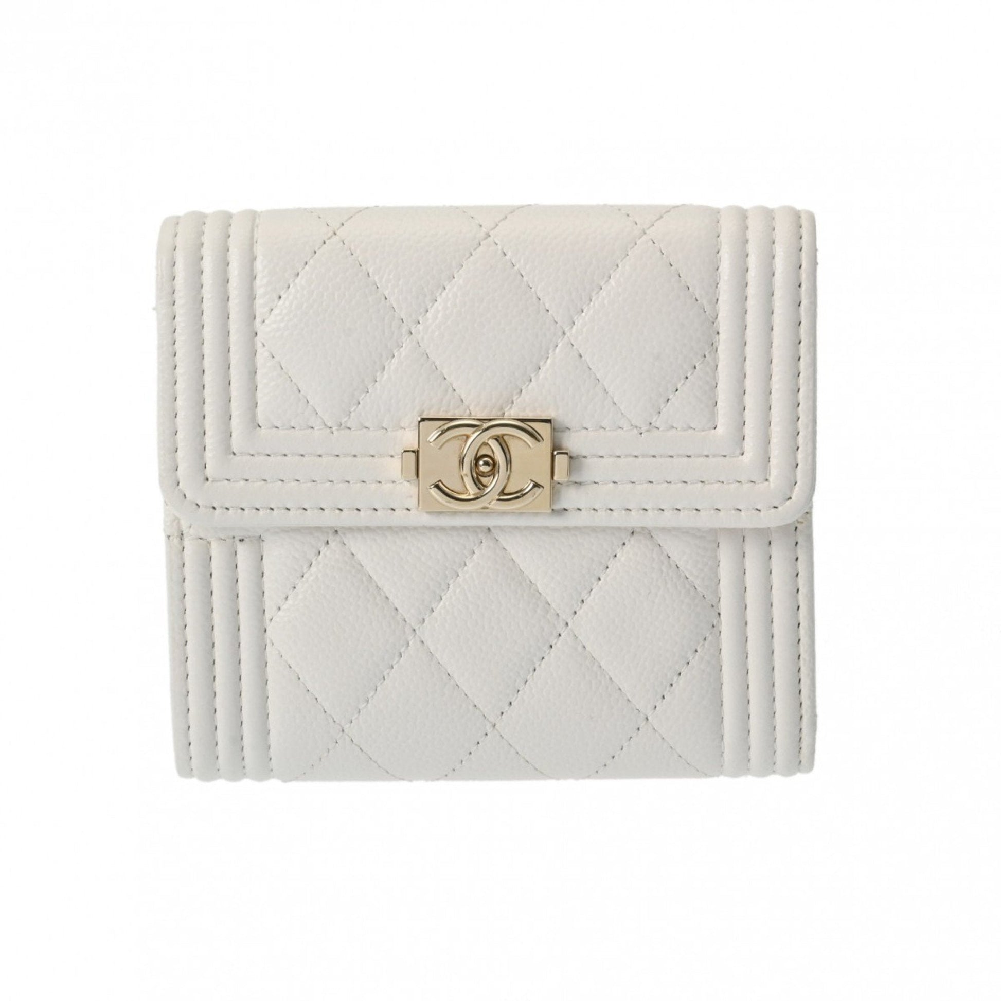 CHANEL Boy Chanel Compact Wallet White Women's Caviar Skin Tri-fold