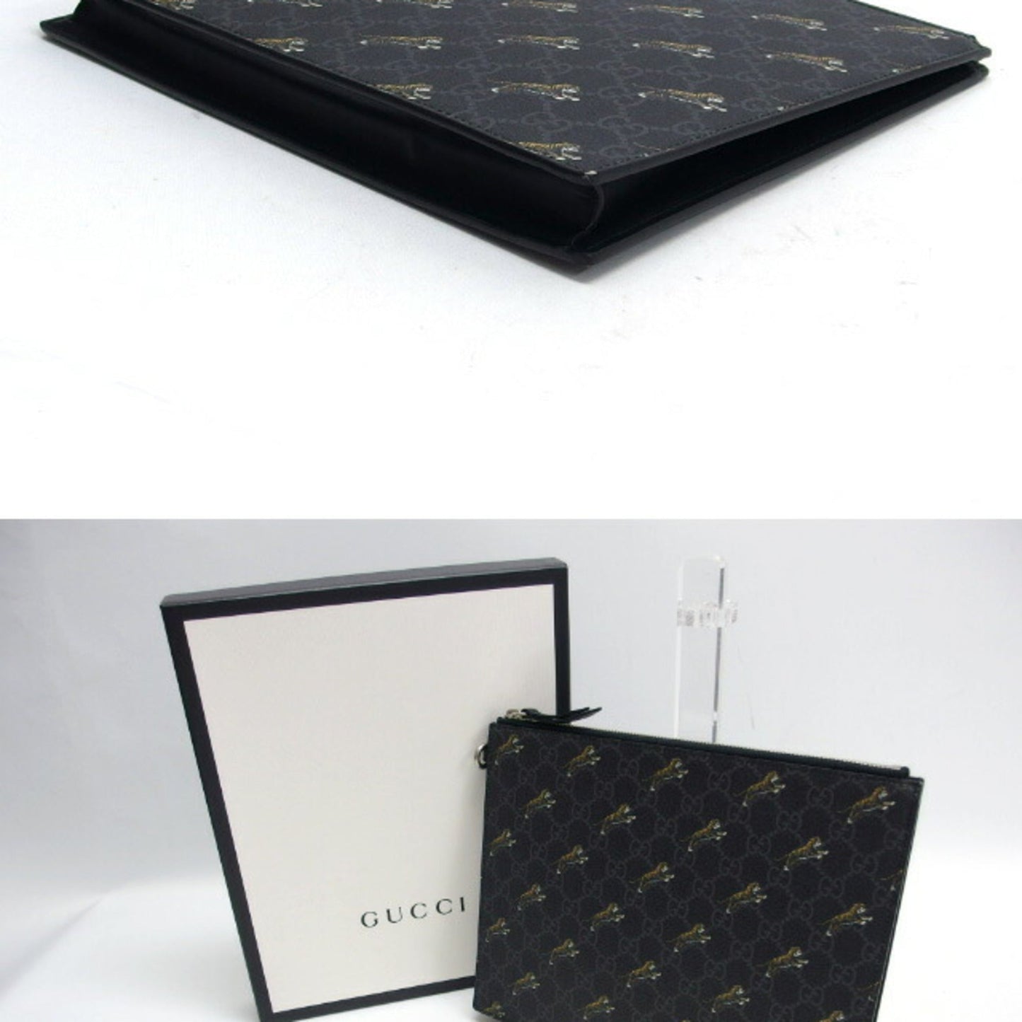 Gucci Black Charcoal Gray Yellow Coated Canvas Leather Clutch Bag Pouch