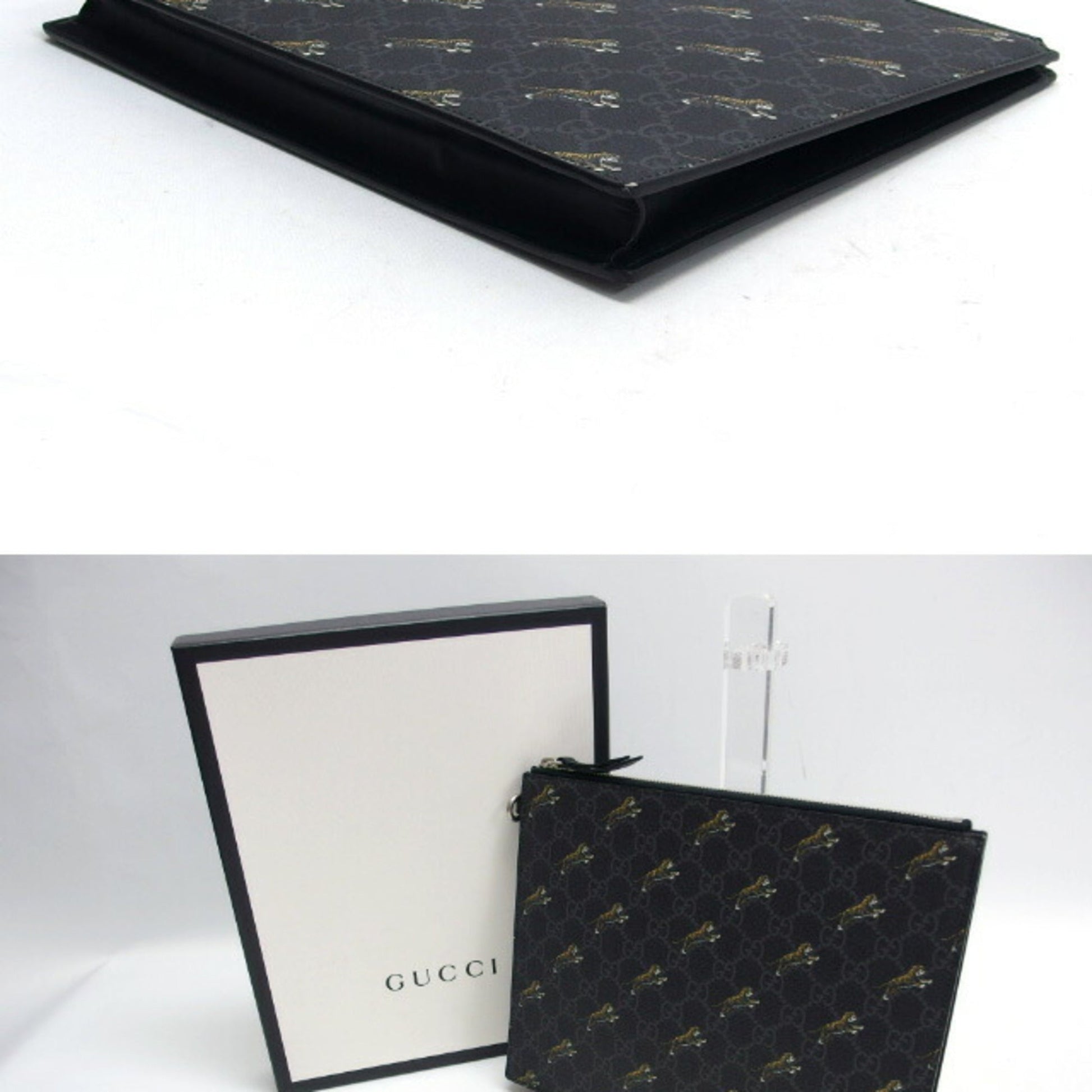 Gucci Black Charcoal Gray Yellow Coated Canvas Leather Clutch Bag Pouch