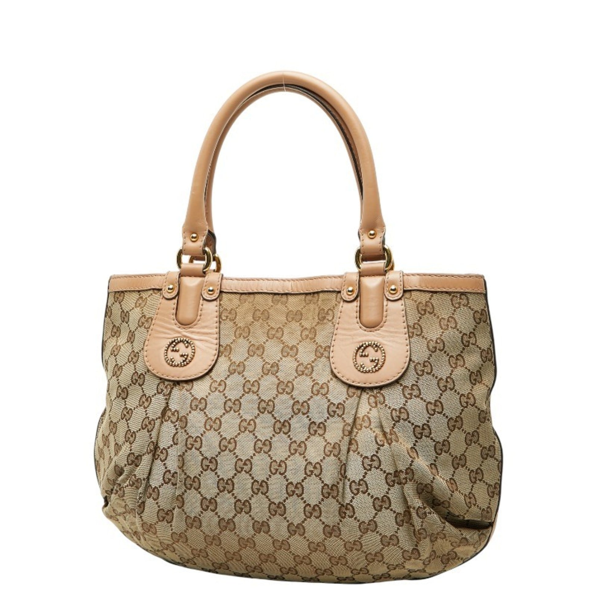 Gucci Beige Pink Canvas Leather Handbag