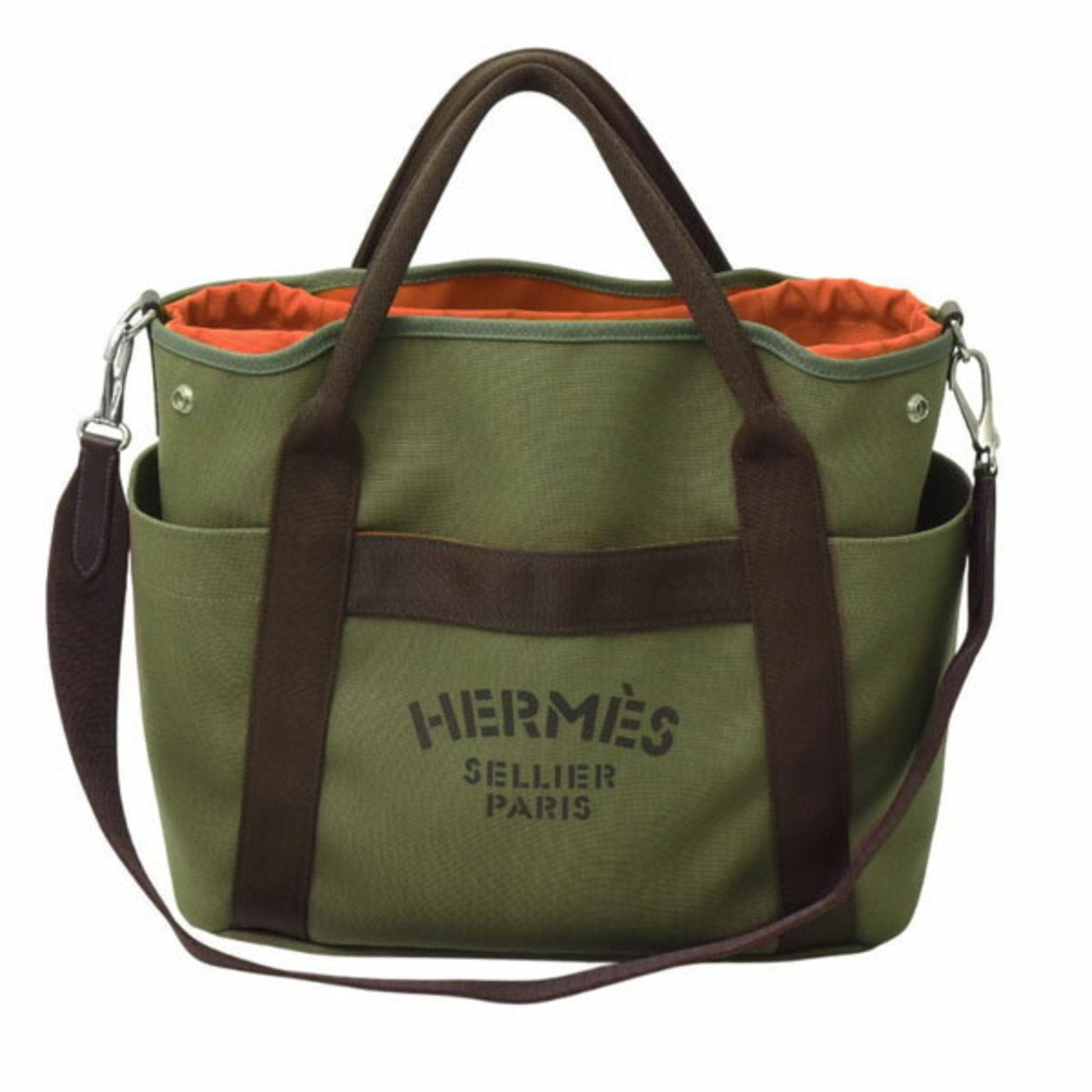 Hermes Feu Khaki Tote Bag Canvas Orange