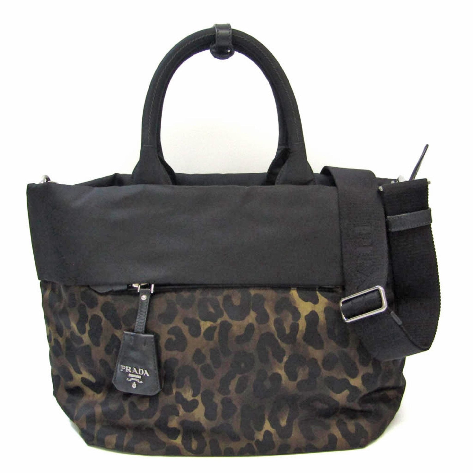 Prada Tessuto Double Women Handbag Shoulder Bag Khaki Nylon Black