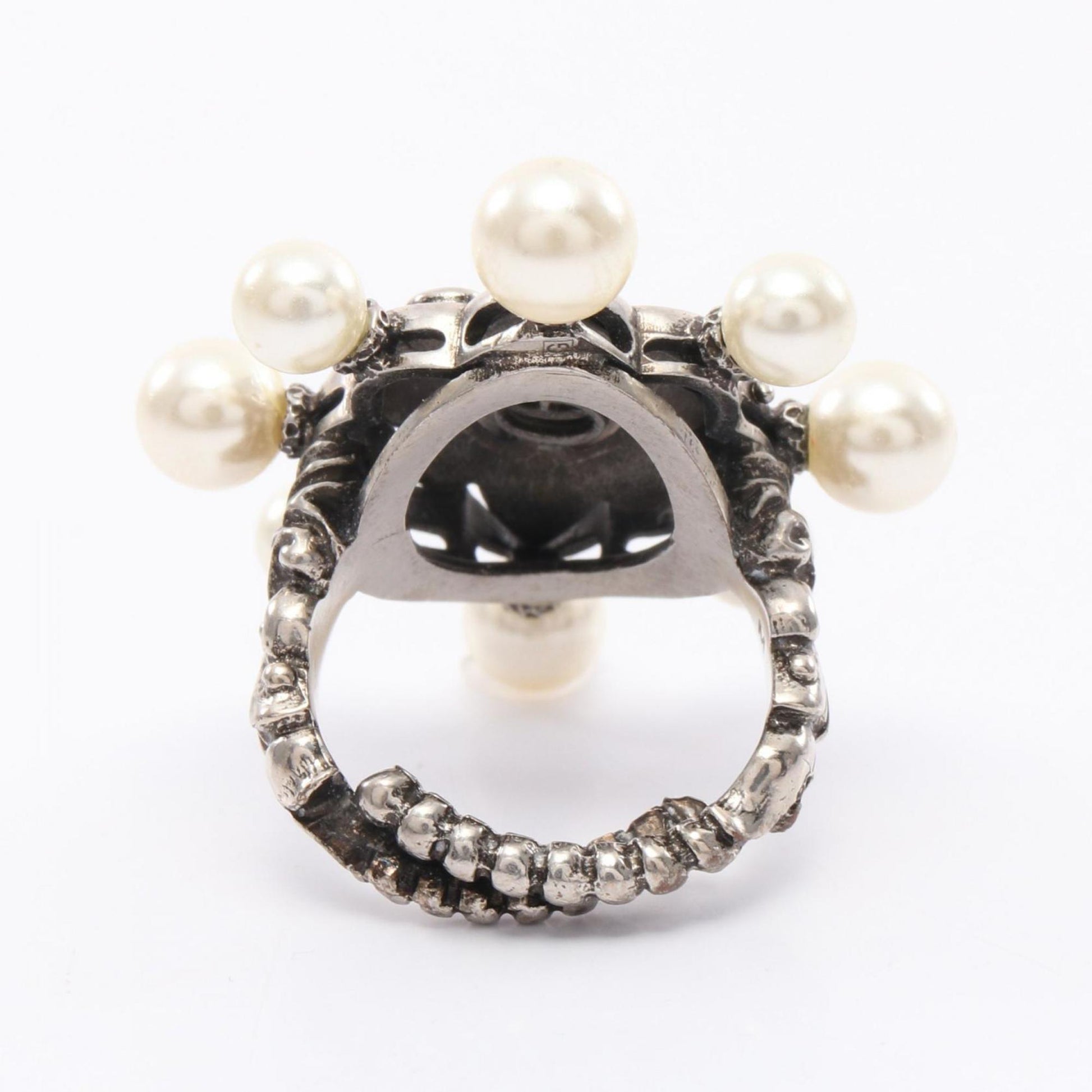 Gucci Silver Pink White Artificial Pearl Rhinestone Stainless Steel Band Ring