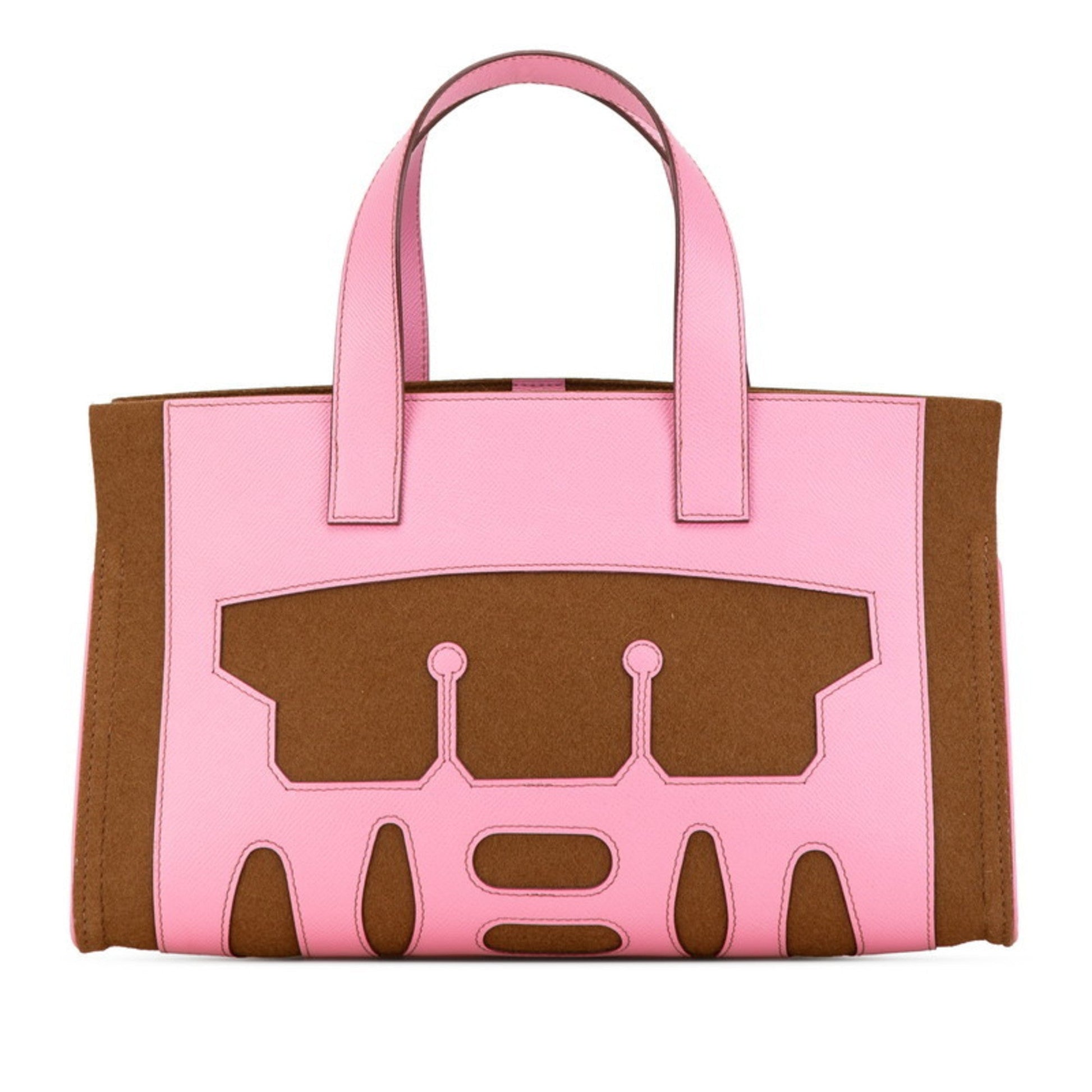 Hermes Felt Epsom Handbag Tote Bag Leather Brown Pink