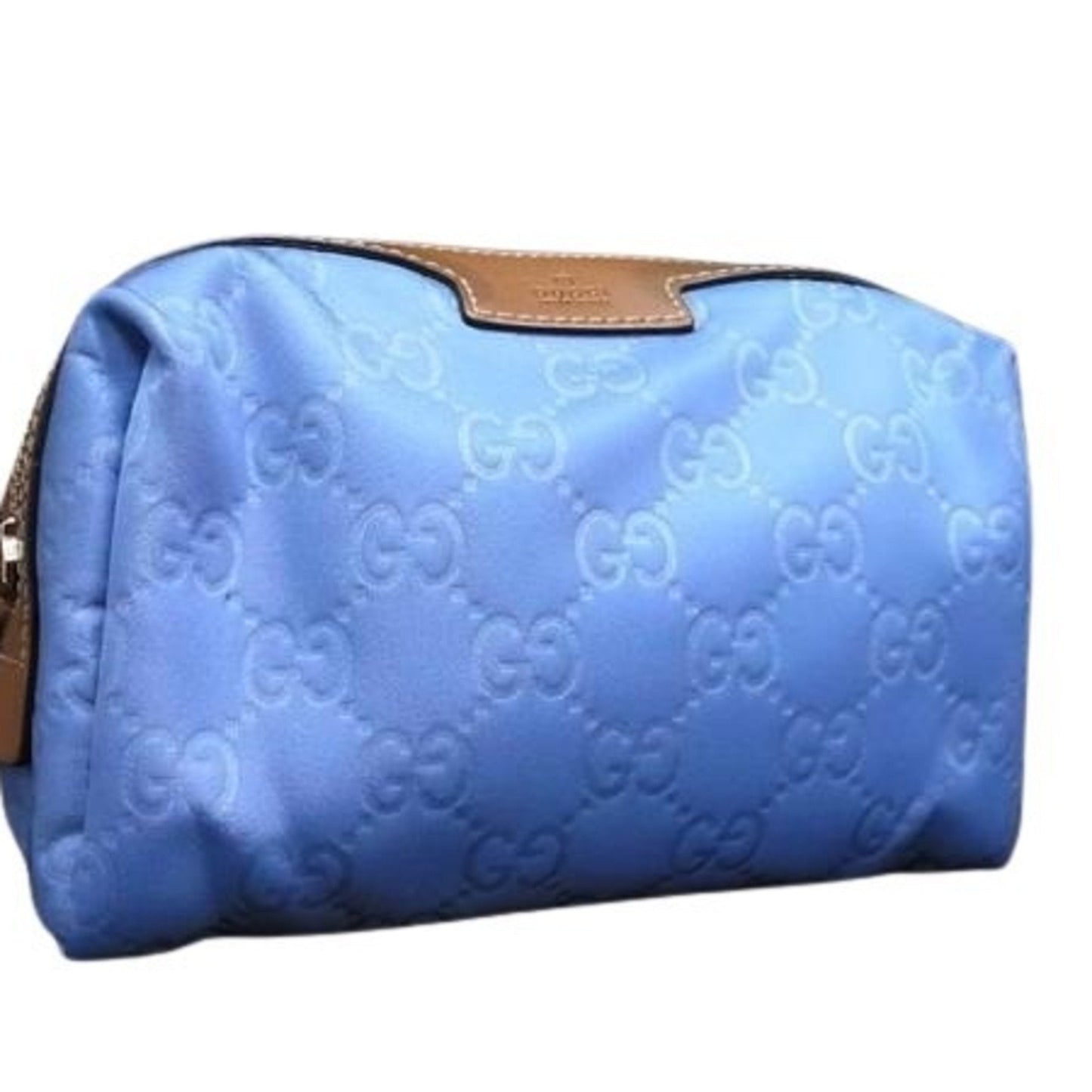 Gucci Brown Light Blue Nylon Leather Clutch Bag Wash Bag