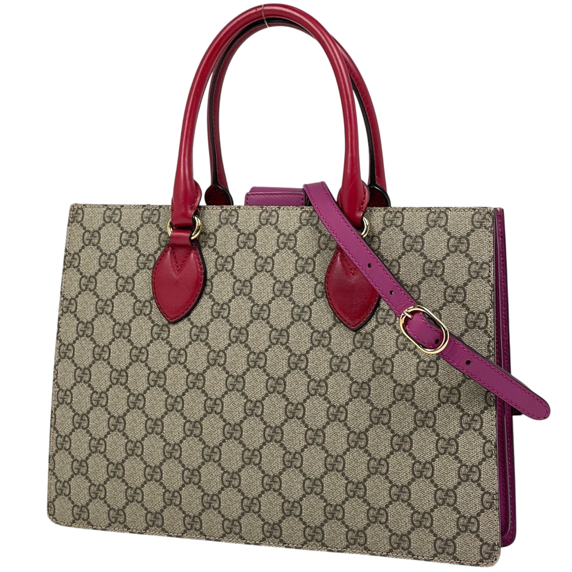 Gucci Brown Pink Red Color Coated Canvas Leather Handbag Shoulder Bag