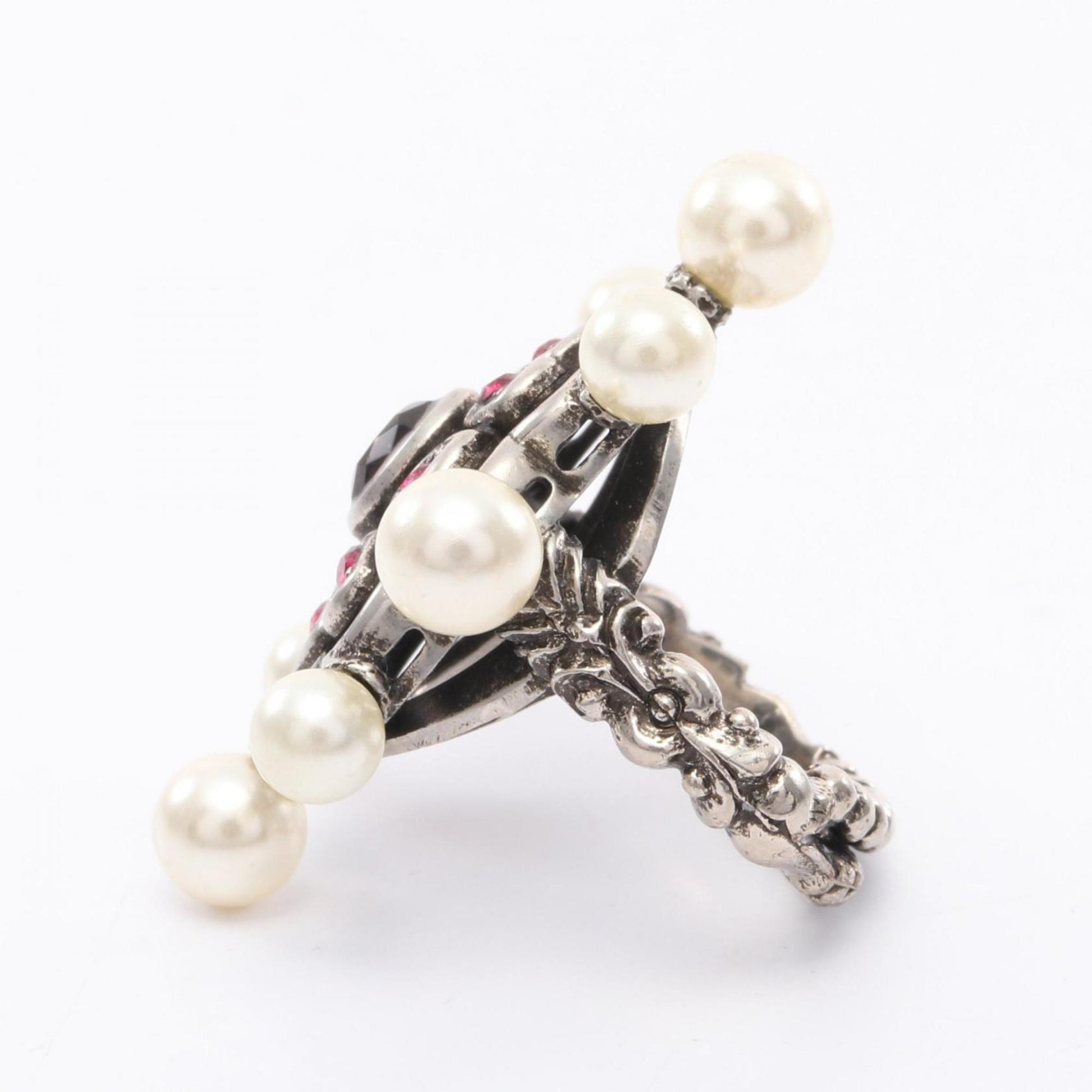 Gucci Silver Pink White Artificial Pearl Rhinestone Stainless Steel Band Ring