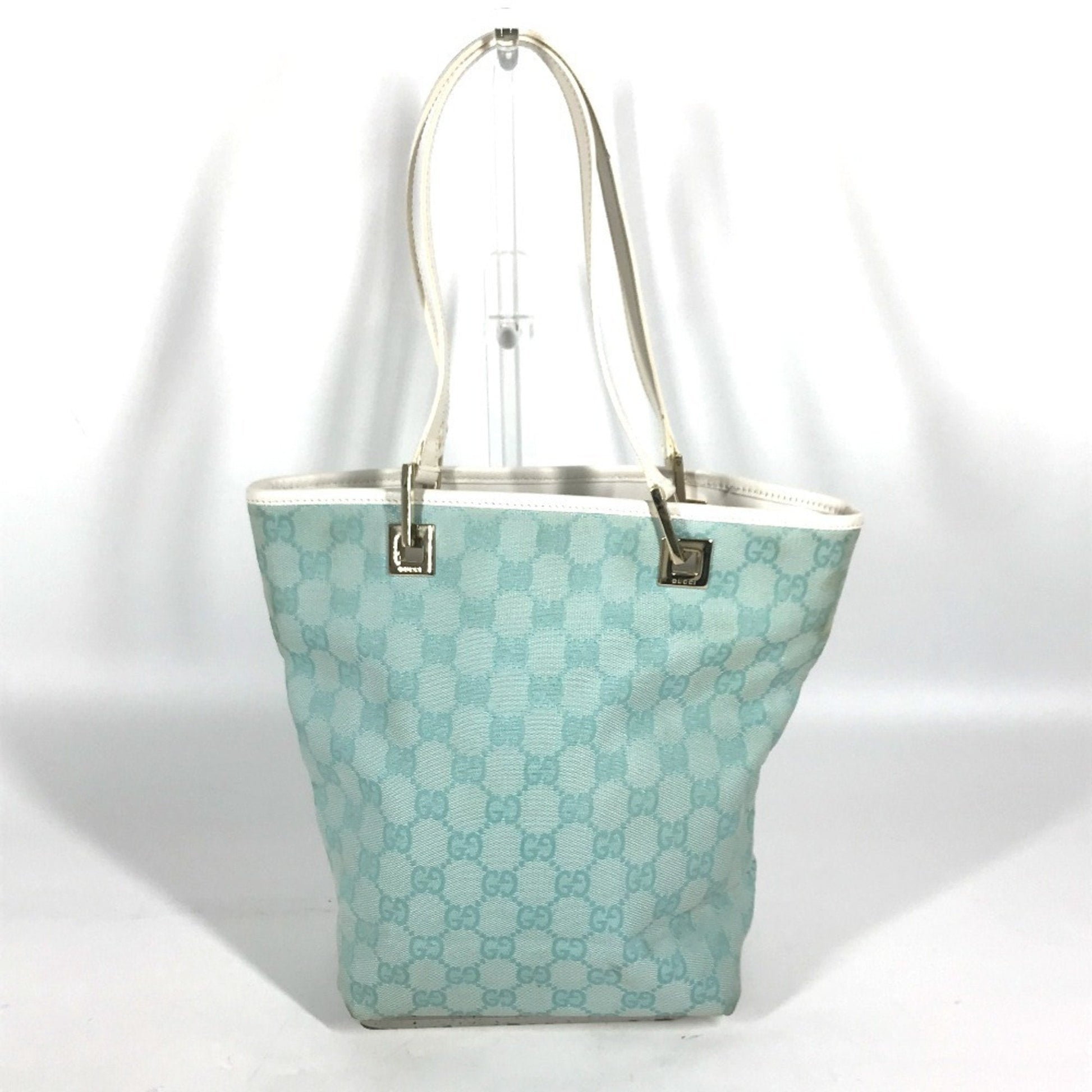 Gucci Blue White Canvas Leather Shoulder Bag Tote Bag