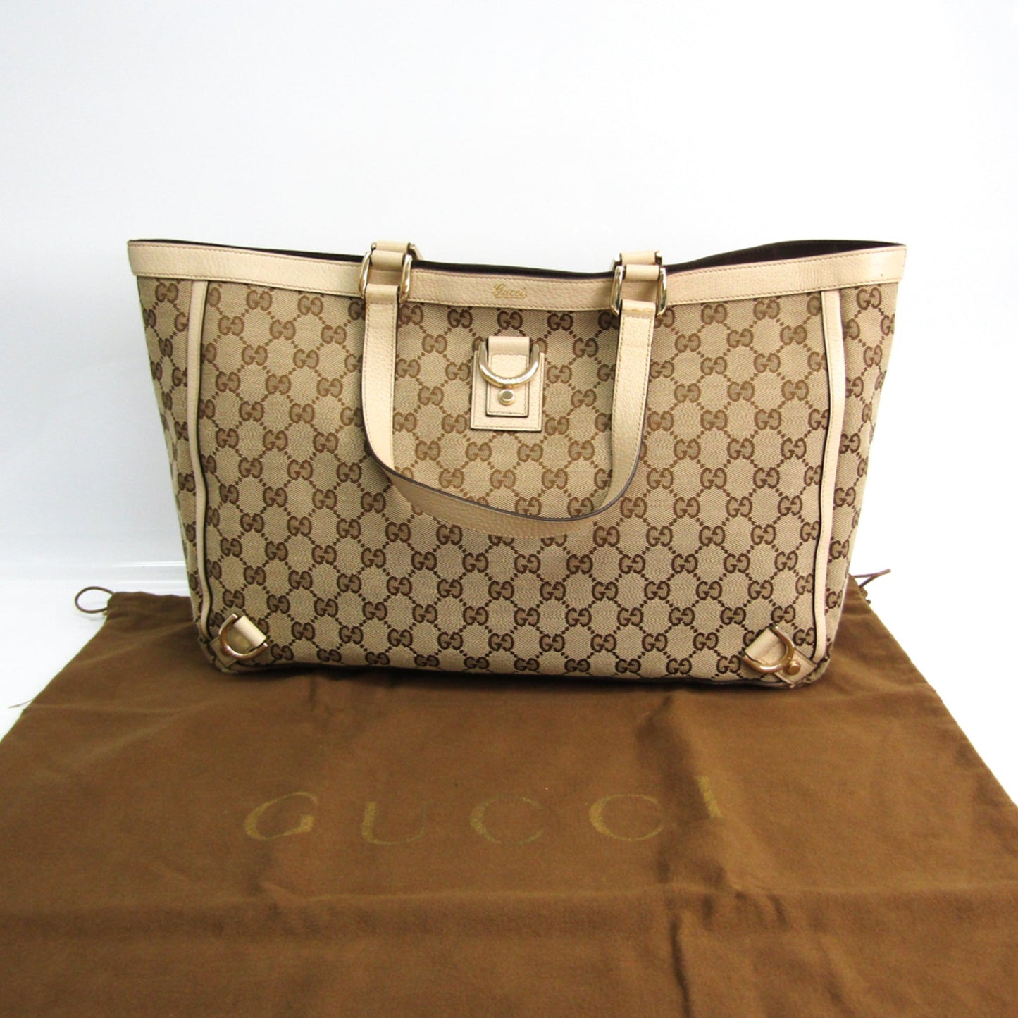 Gucci Gg Canvas Beige Cream Gg Canvas Leather Tote Bag