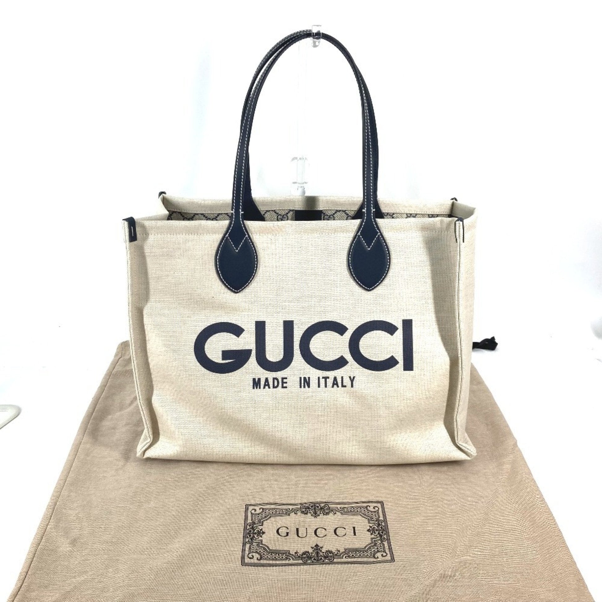 Gucci Beige Black Dark Navy Canvas Leather Shoulder Bag Tote Bag