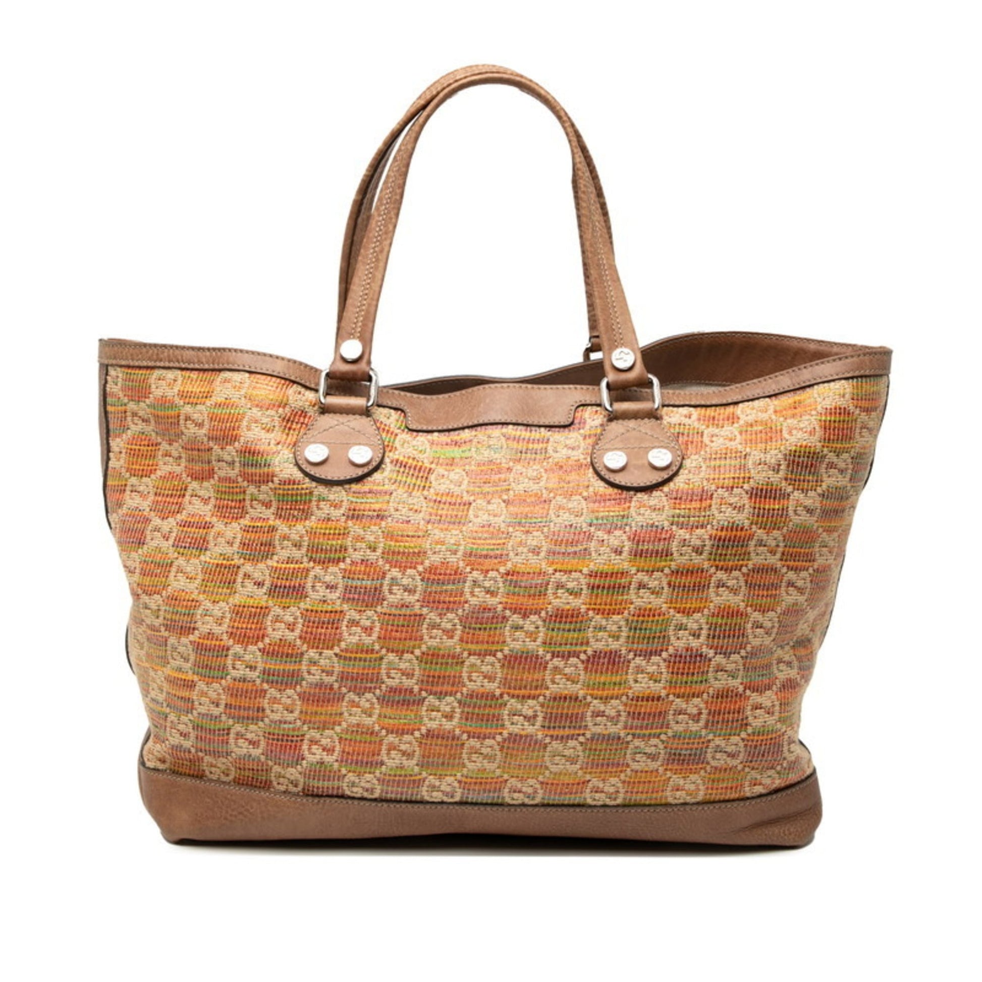 Gucci Brown Multi-Color Leather Straw Tote Bag