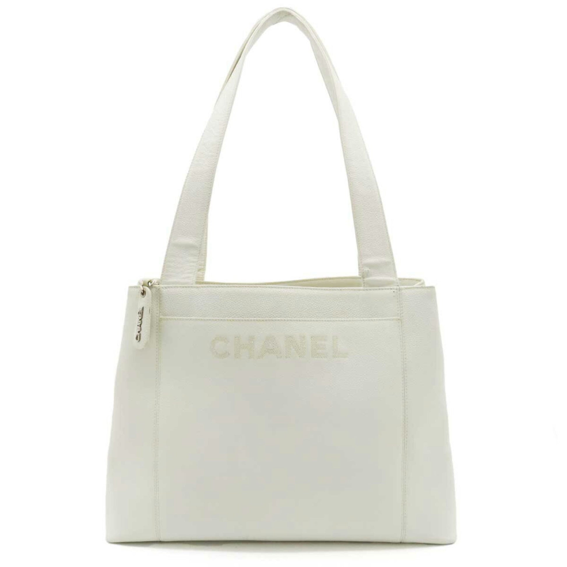 CHANEL tote bag shoulder caviar skin leather white