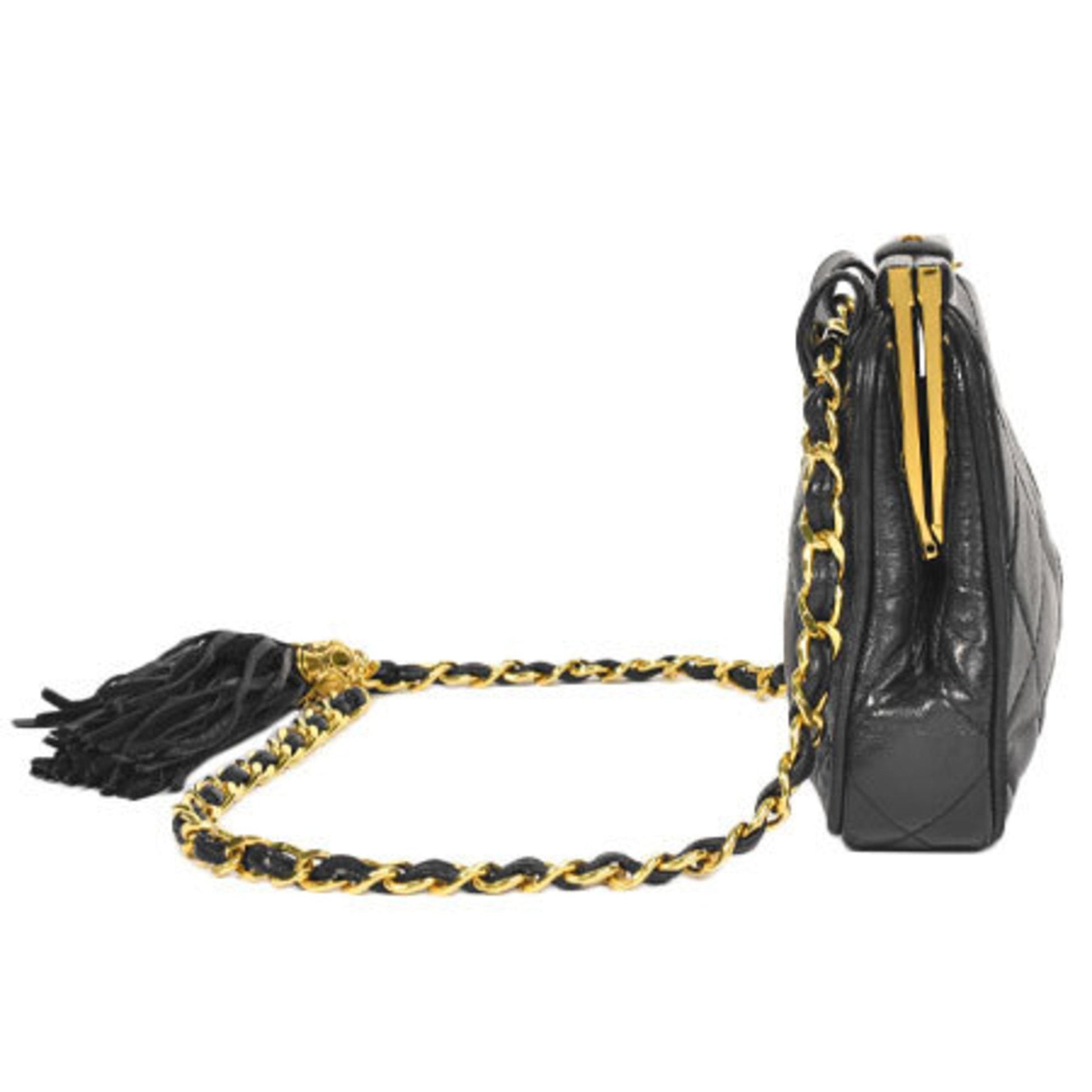 Chanel matelasse here mark chain strap handbag tassel clasp waist pouch black lambskin