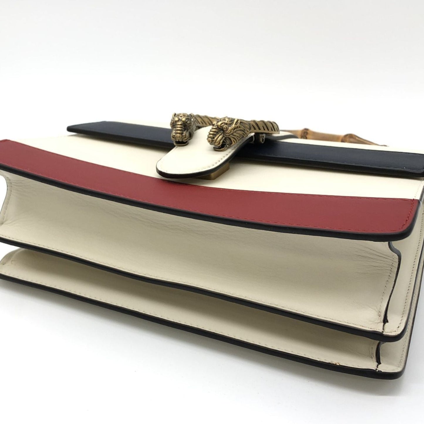 Gucci Ivory Navy Red Color Bamboo Leather Handbag
