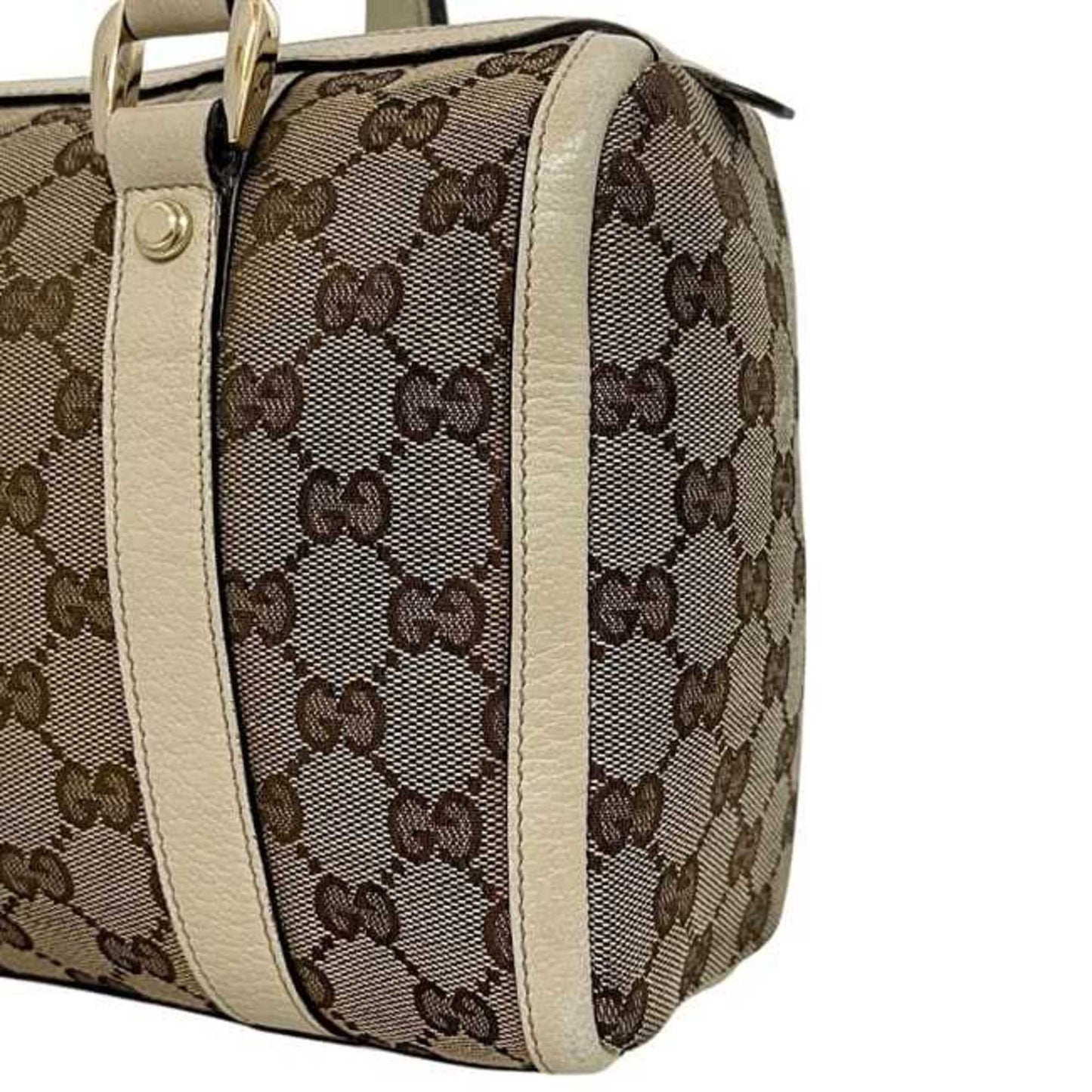 Gucci Beige White Canvas Leather Boston Bag Handbag