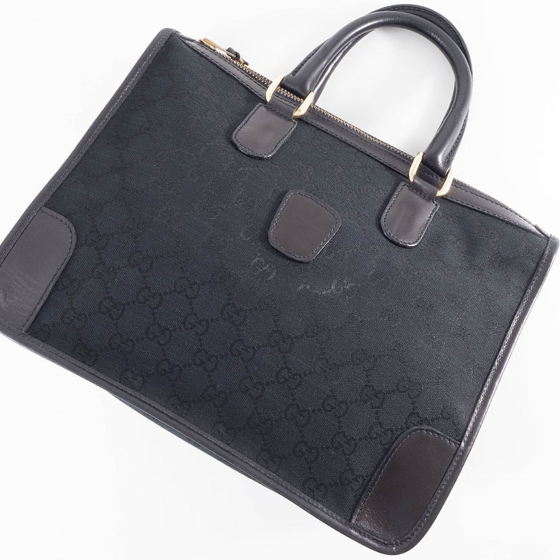 Gucci Black Gg Canvas Leather Handbag