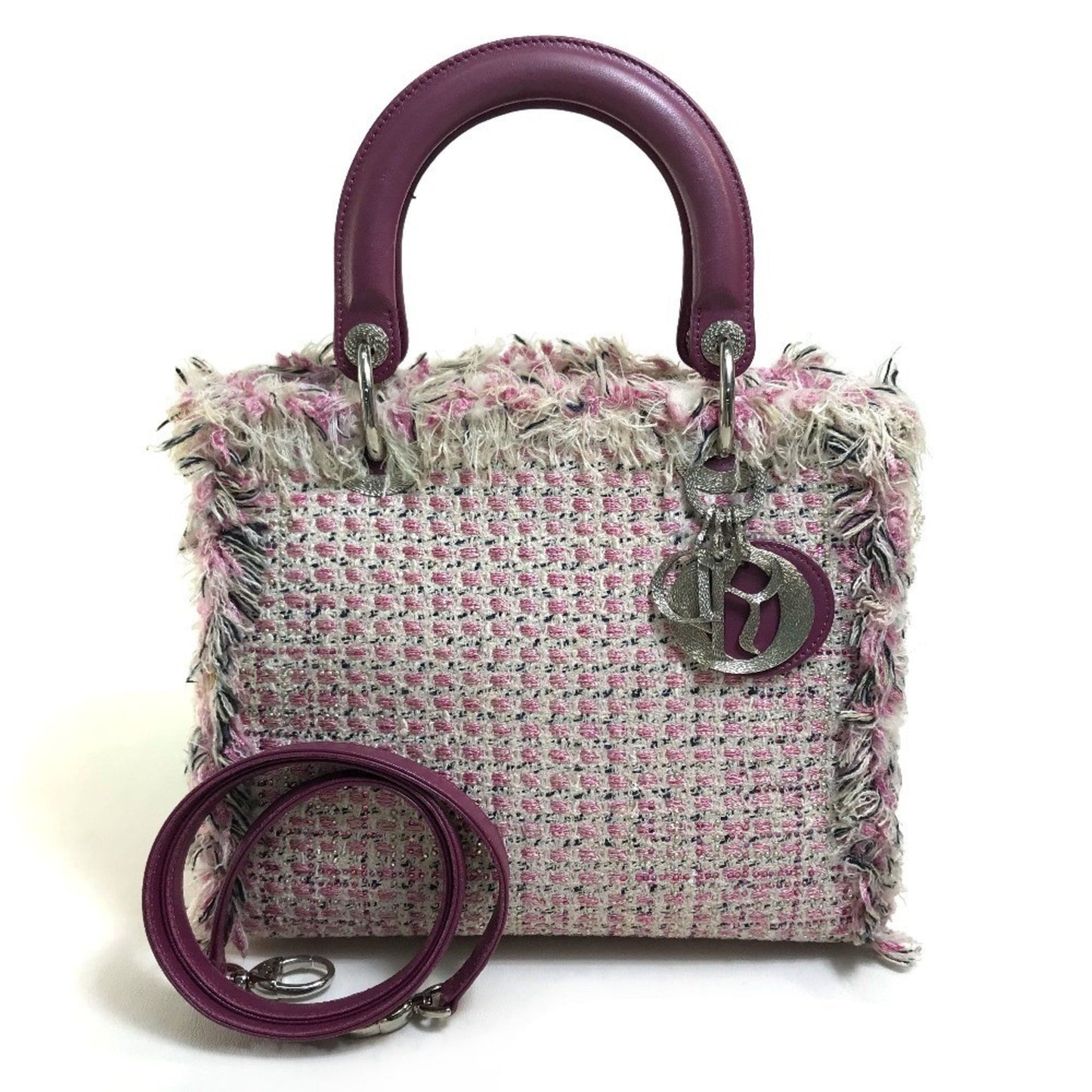 Dior Handbag Christian Lady Tweed Shoulder Bag White Pink Purple