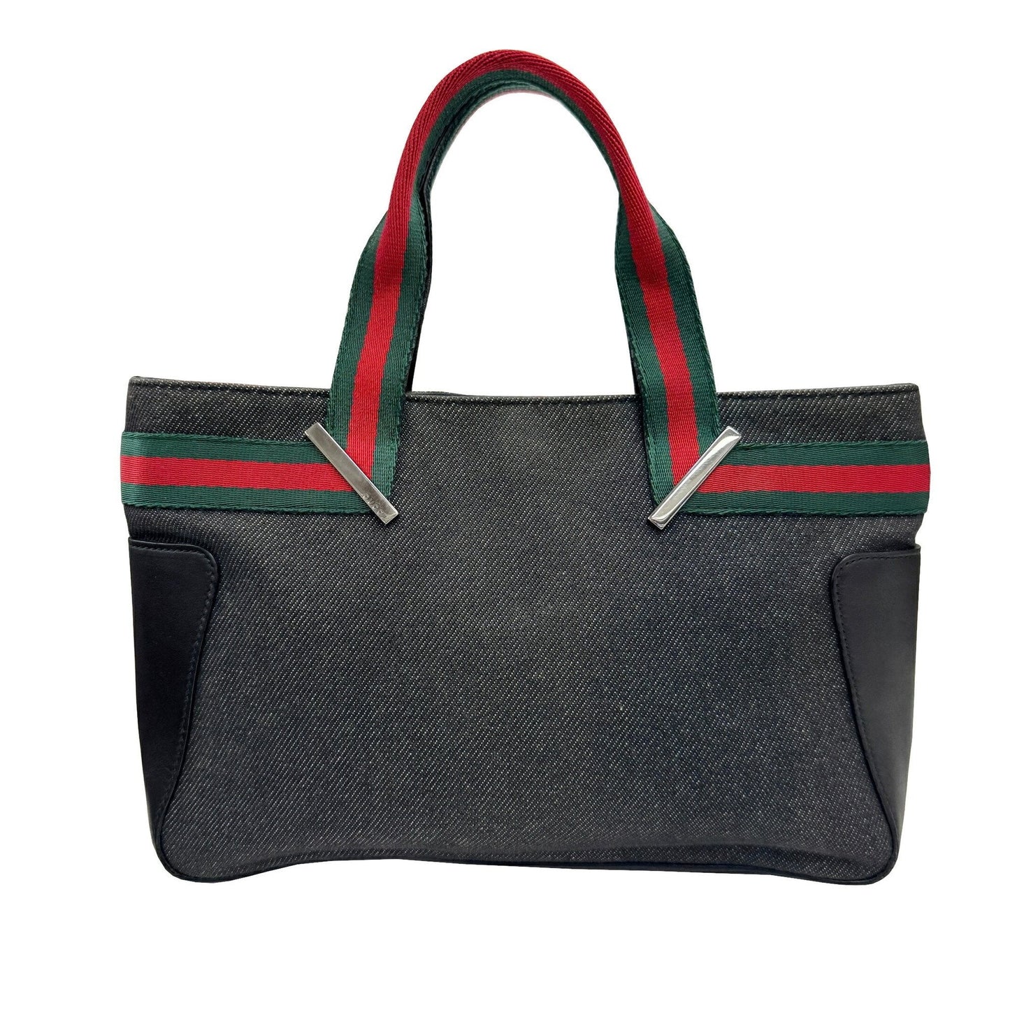 Gucci Sherry Line Black Denim Leather Handbag Tote Bag
