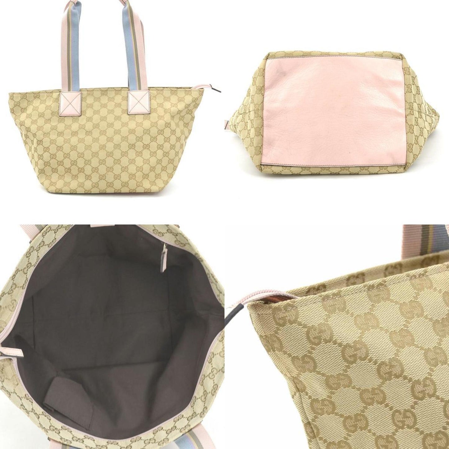 Gucci Beige Blue Pink Gg Canvas Leather Shoulder Bag Tote Bag