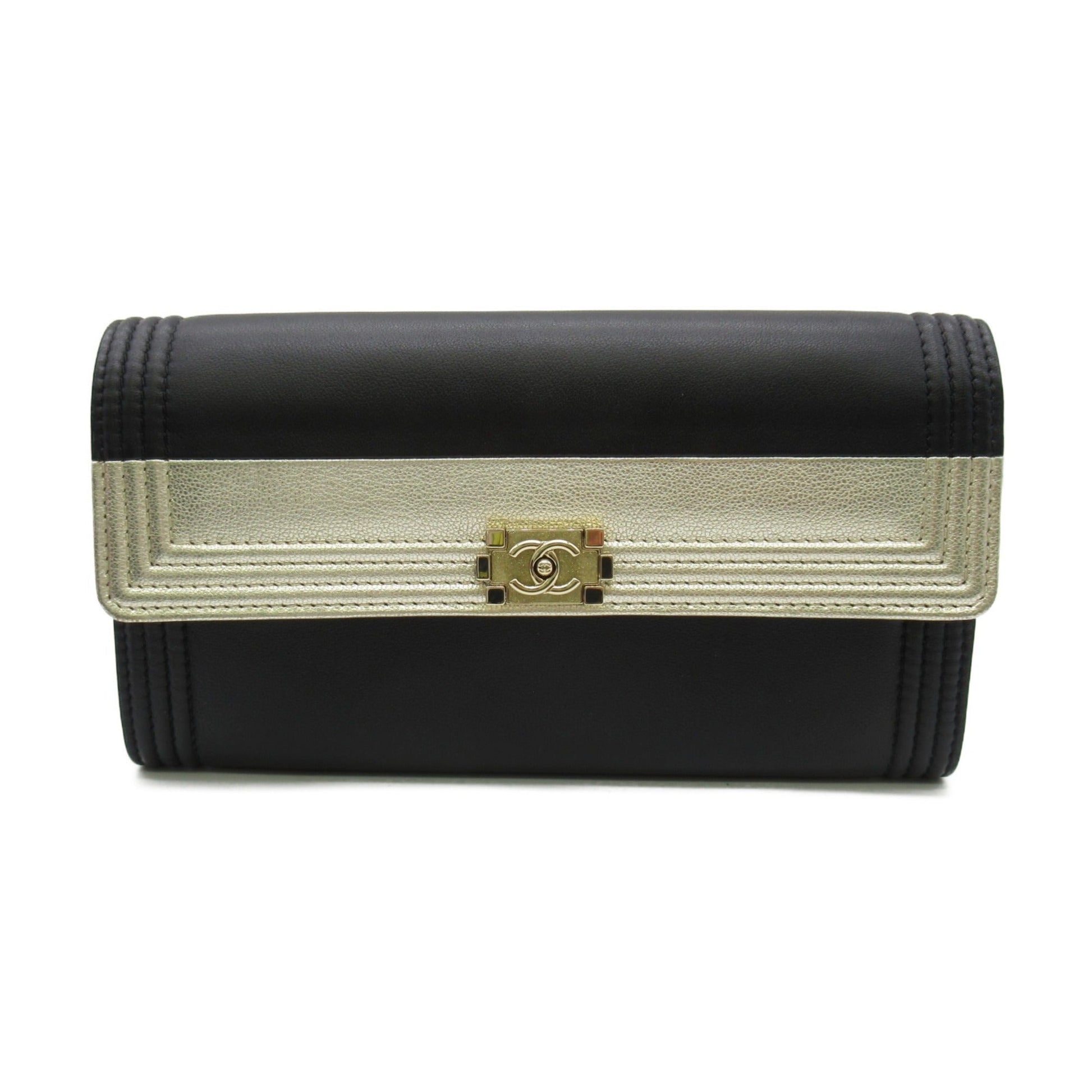 CHANEL Bifold long wallet Black Lambskin (sheep leather) Calfskin (cowhide)