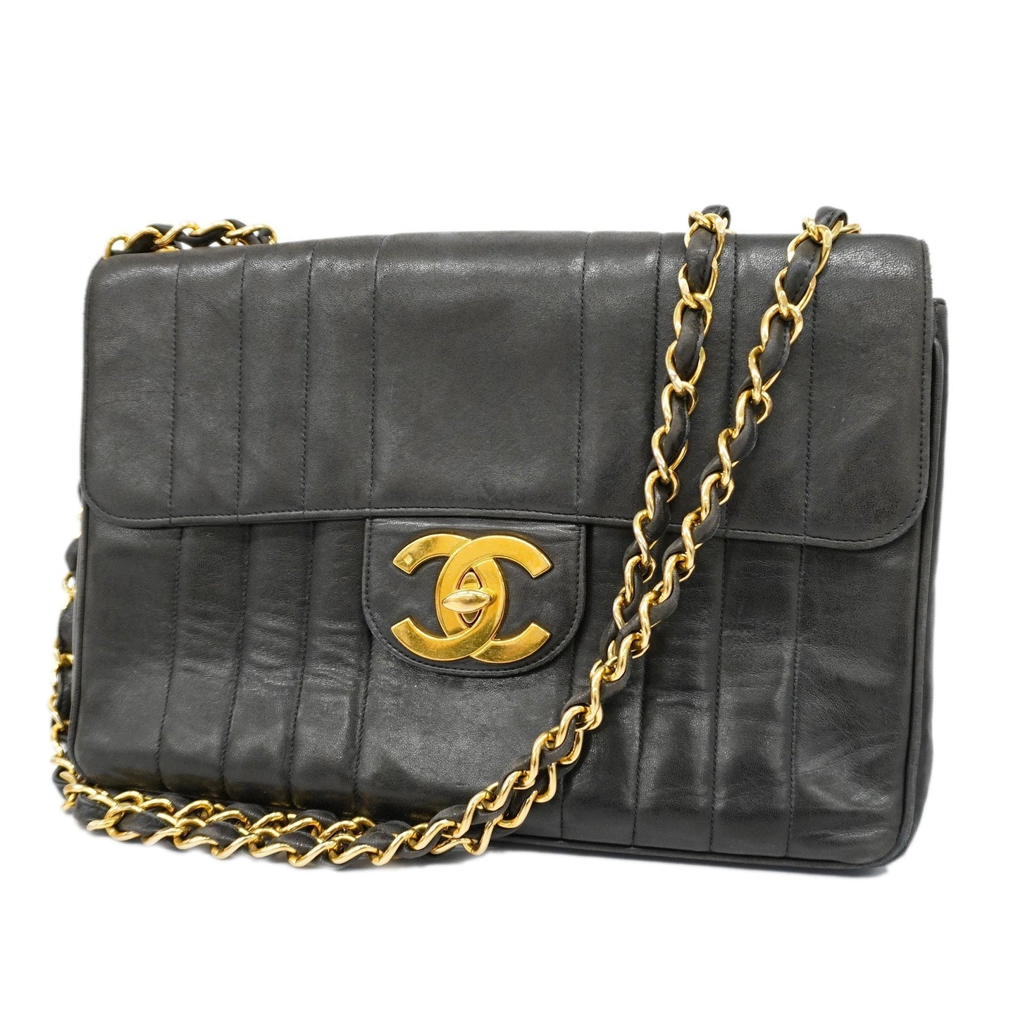 CHANELAuth  Mademoiselle W Chain Women's Leather Shoulder Bag Black