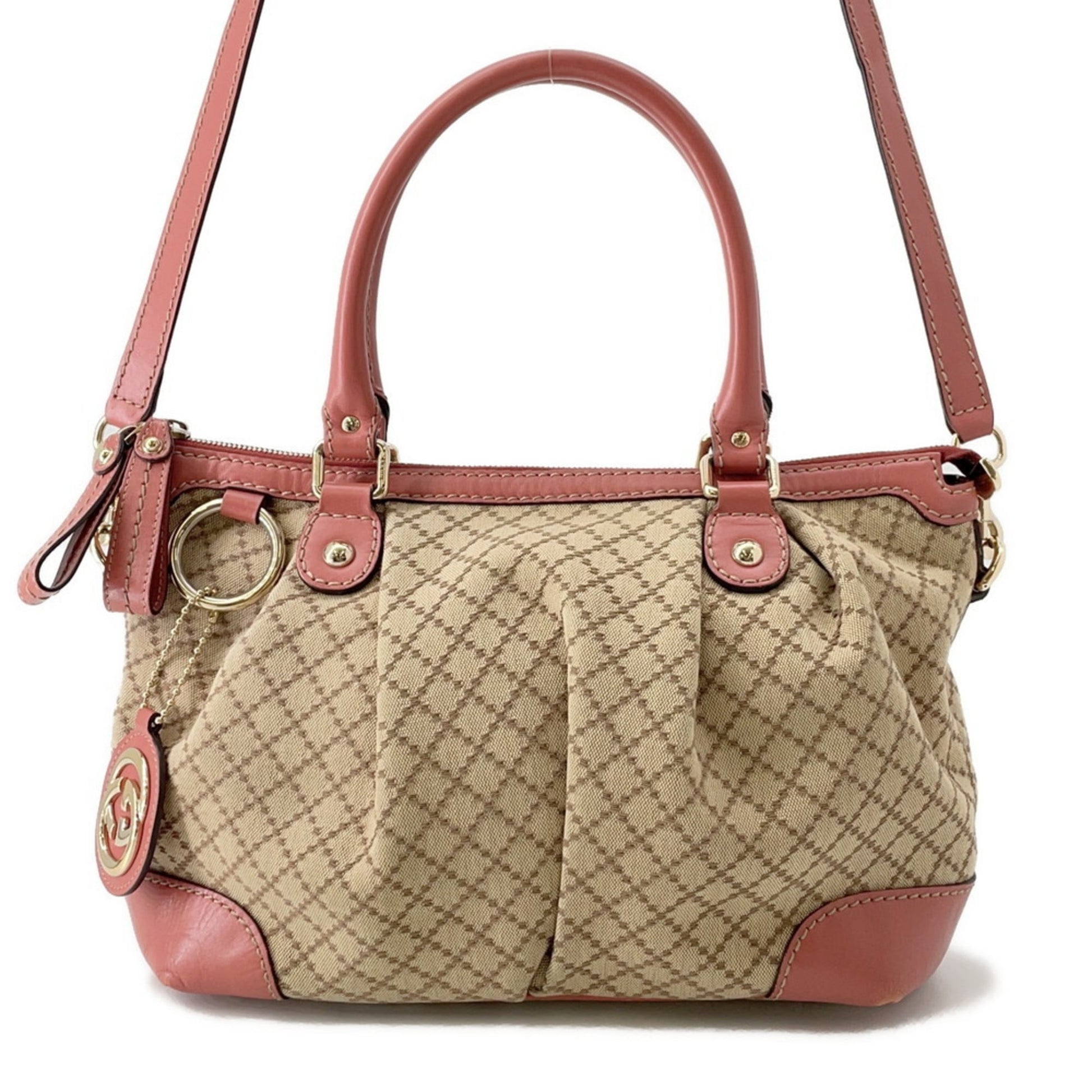 Gucci Diamante Pink Beige Canvas Leather Handbag Shoulder Bag
