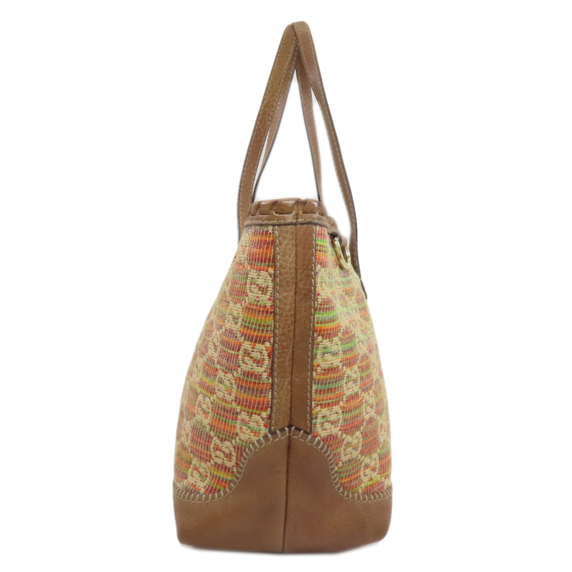 Gucci Blue Brown Orange Leather Straw Tote Bag