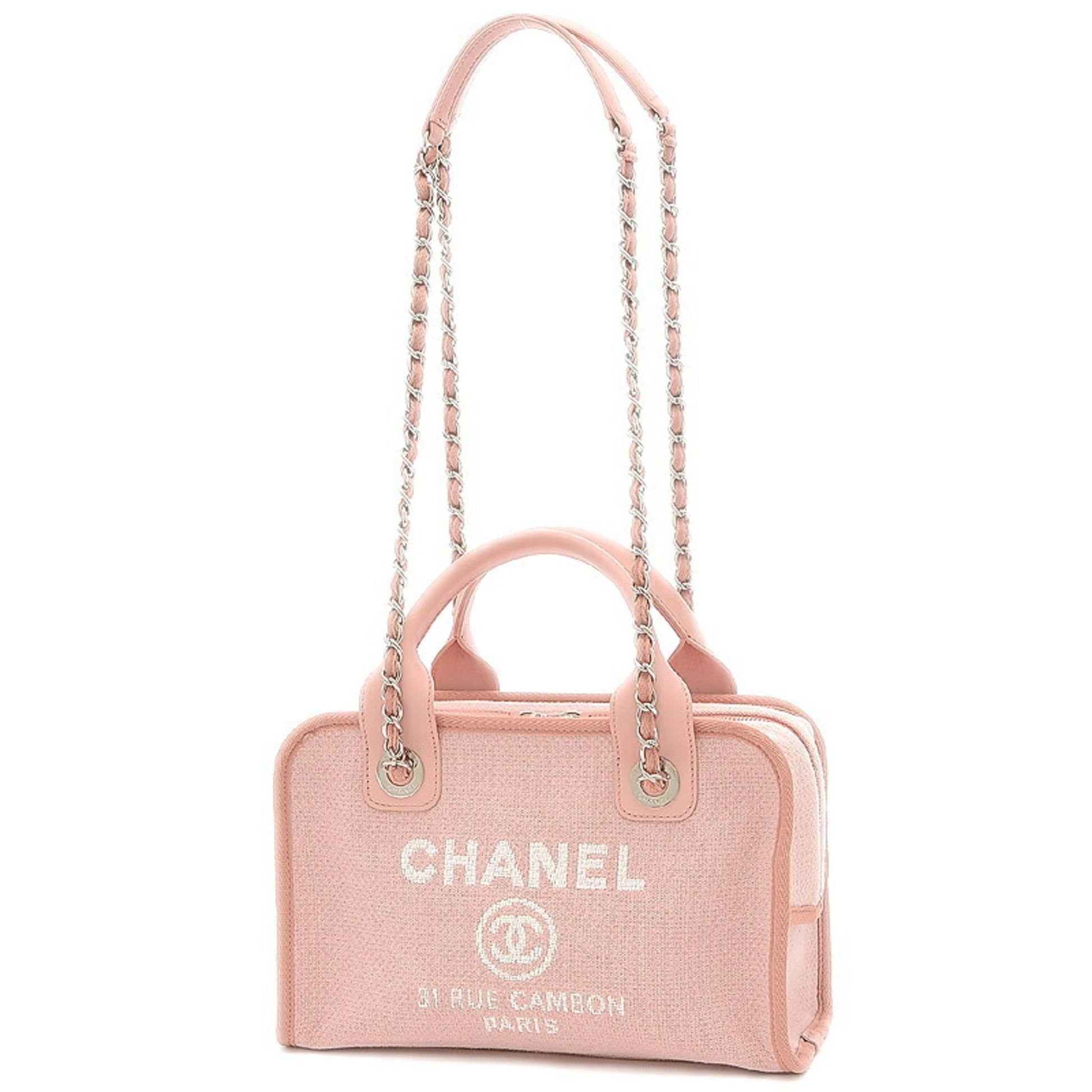 Chanel Deauville Bowling Bag Canvas Calf Pink A92749 Shoulder