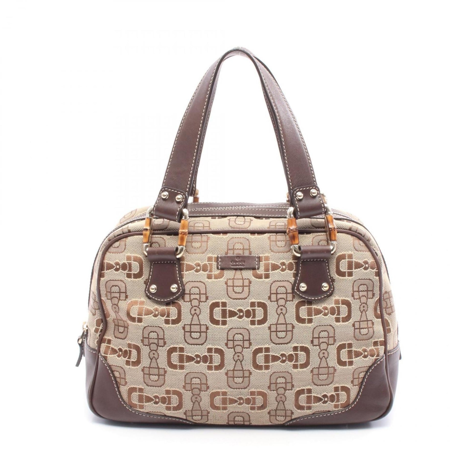 Gucci Beige Brown Canvas Leather Boston Bag Handbag
