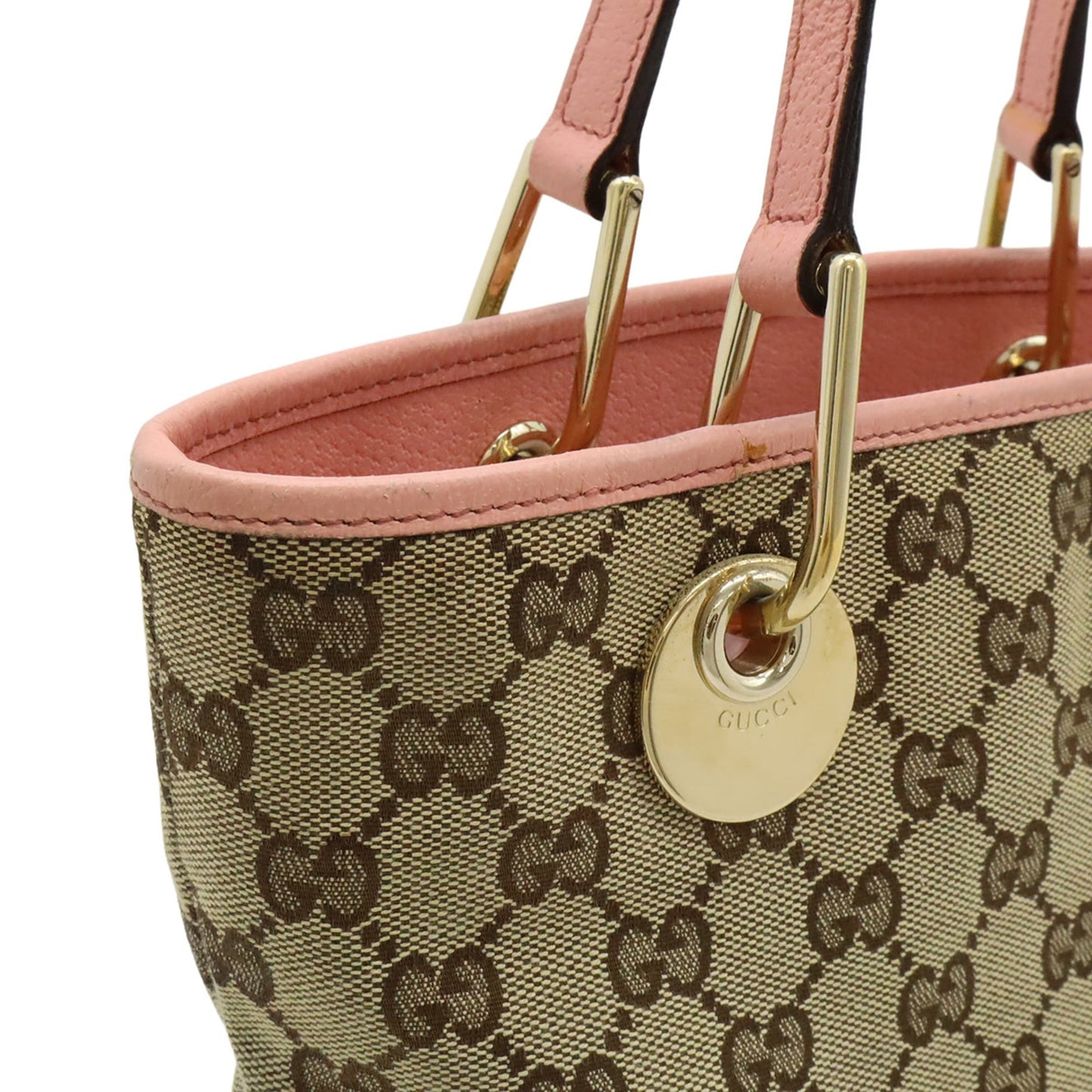 Gucci Beige Khaki Pink Canvas Leather Shoulder Bag Tote Bag