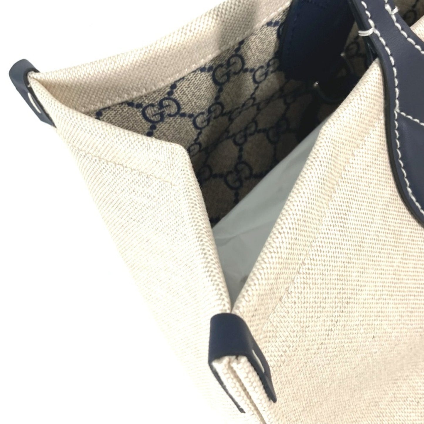 Gucci Beige Black Dark Navy Canvas Leather Shoulder Bag Tote Bag