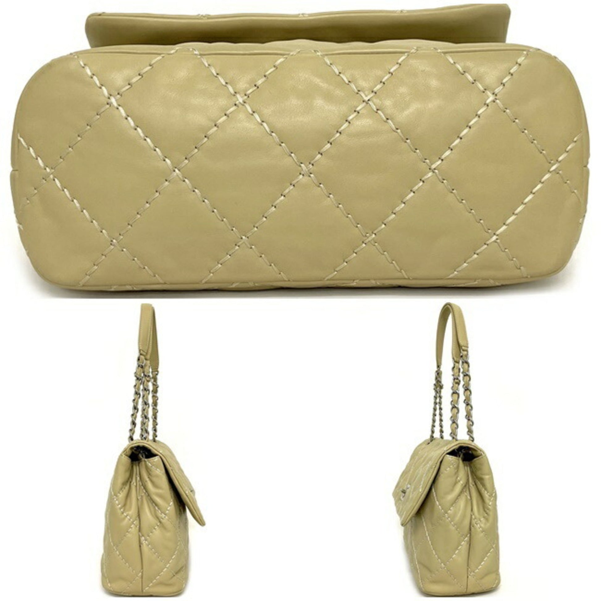 Chanel Chain Shoulder Bag Beige Silver Wild Stitch Lambskin Leather 17s CHANEL Coco Mark Matrasse Flap Turn Lock Ladies Genuine