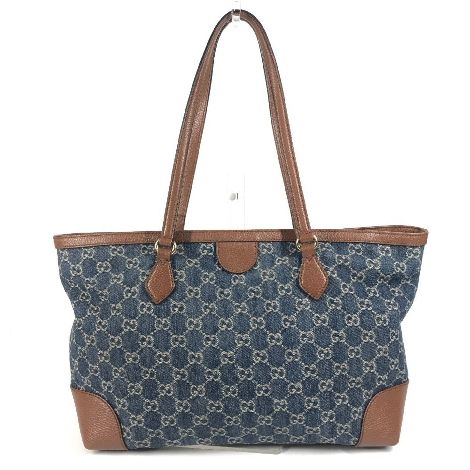 Gucci Blue Brown Denim Leather Shoulder Bag Tote Bag