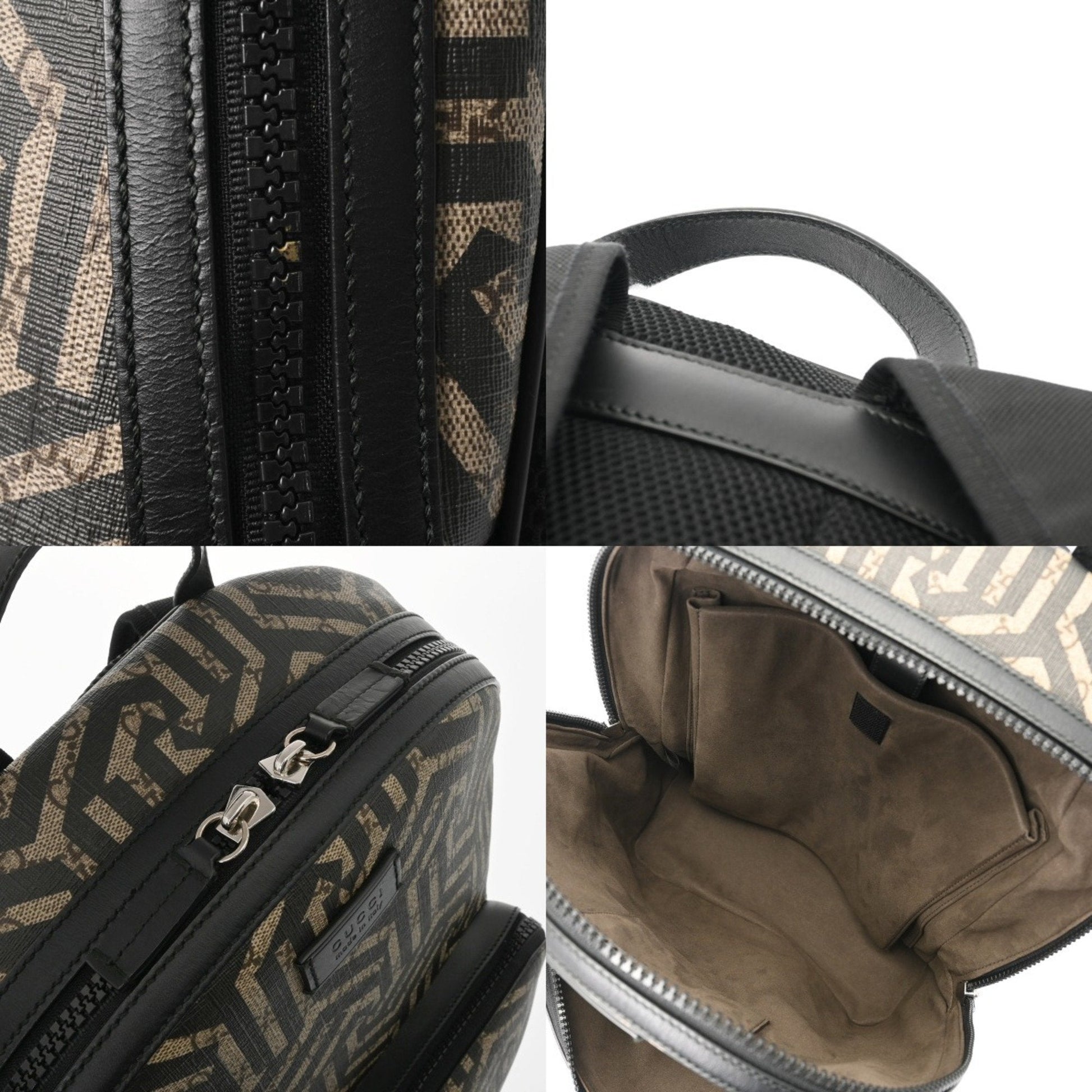 Gucci Beige Black Leather Gg Supreme Canvas Backpack