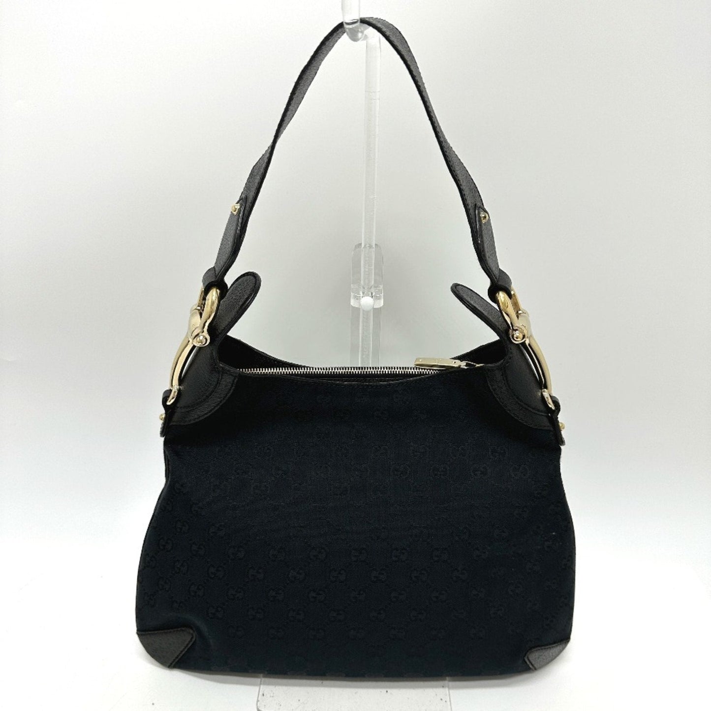 Gucci Horsebit Black Gg Canvas Leather Handbag Shoulder Bag