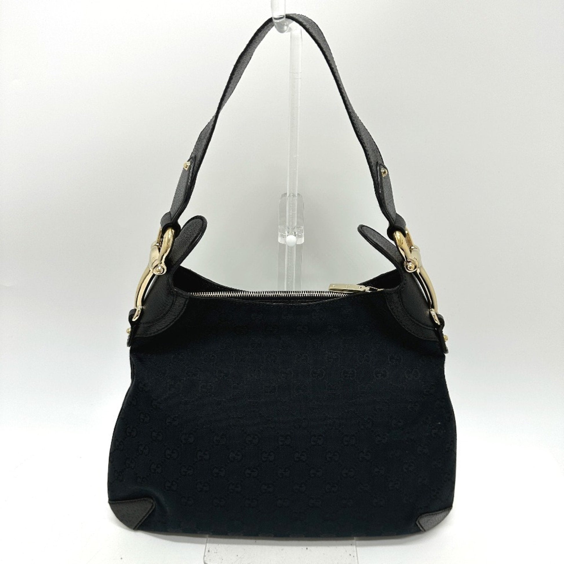 Gucci Horsebit Black Gg Canvas Leather Handbag Shoulder Bag