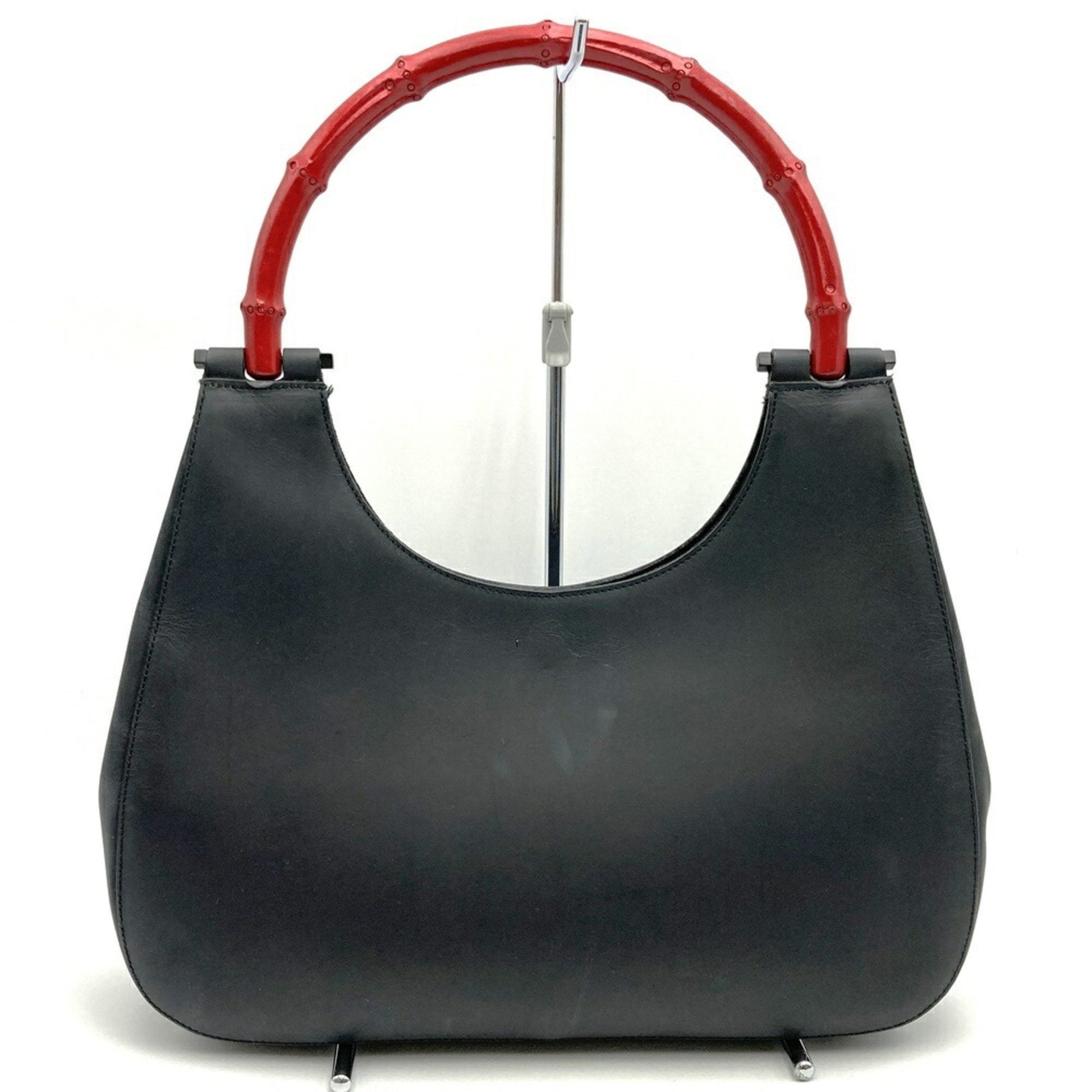 Gucci Black Red Color Leather Bamboo Shoulder Bag