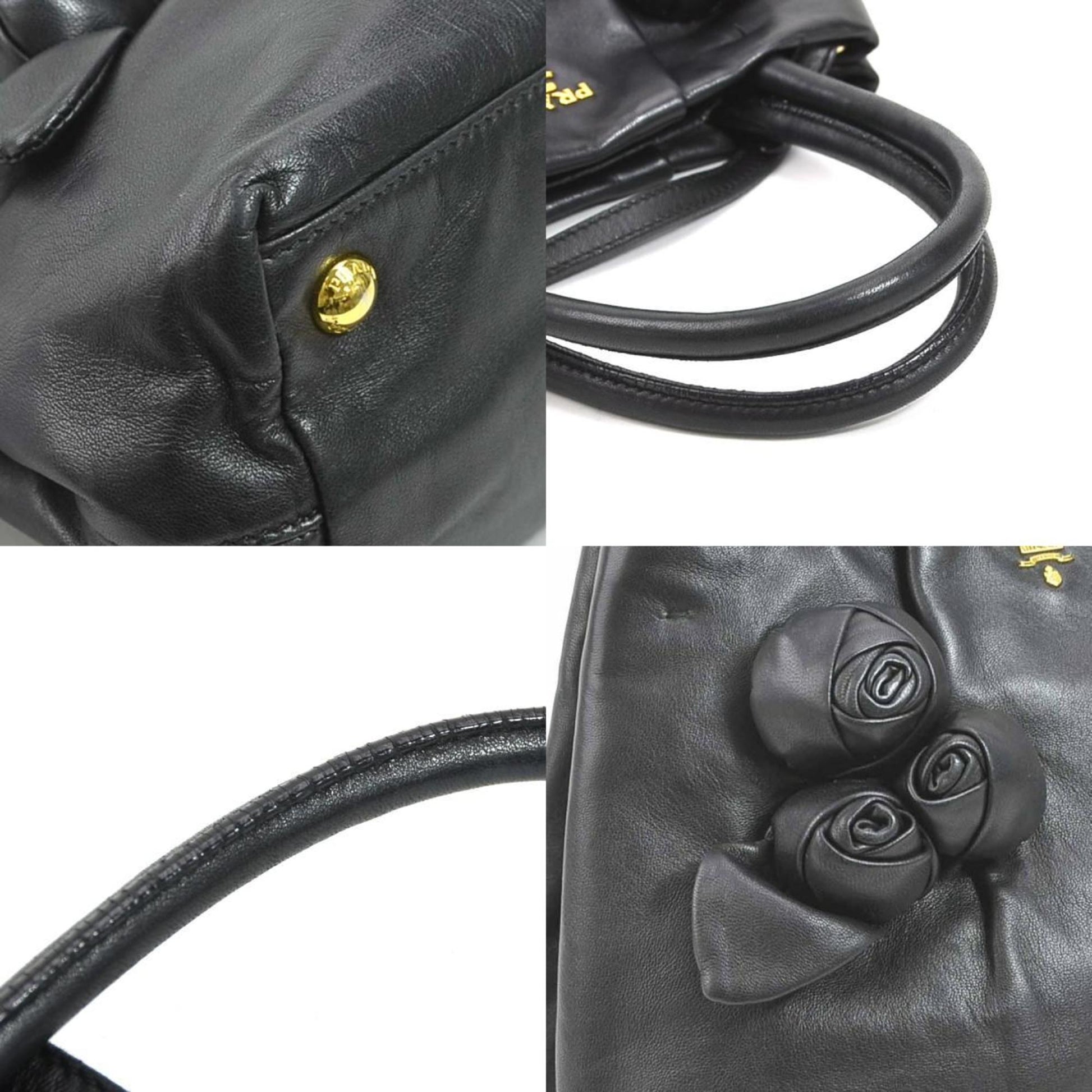 Prada Handbag Shoulder Bag Ladies Leather Black Gold