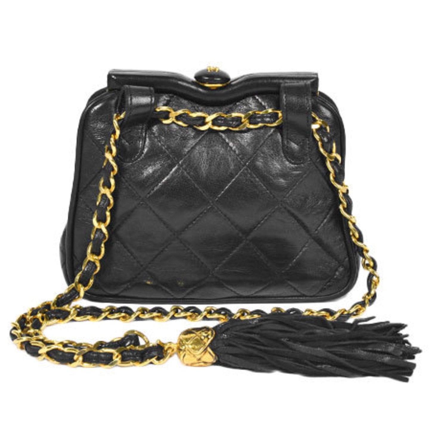 Chanel matelasse here mark chain strap handbag tassel clasp waist pouch black lambskin