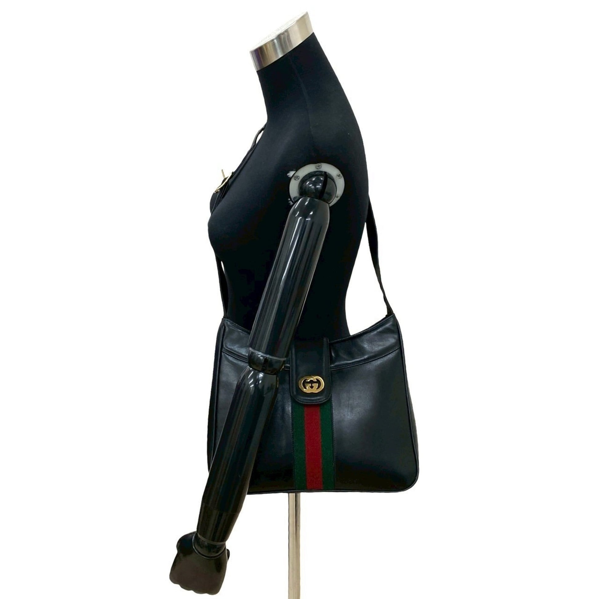 Gucci Black Green Red Color Leather Shoulder Bag